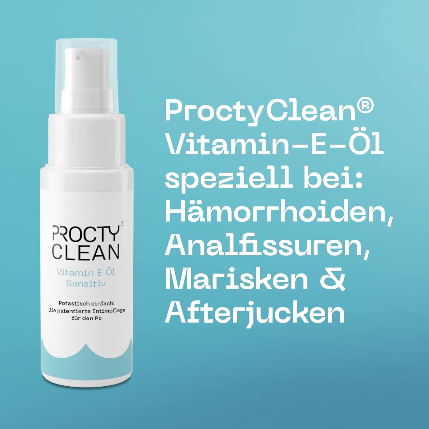 ProctyClean Vitamin-E-Öl Sensitiv Flasche. Text: Hämorrhoiden, Analfissuren, Marisken & Afterjucken. Blauer Hintergrund.
