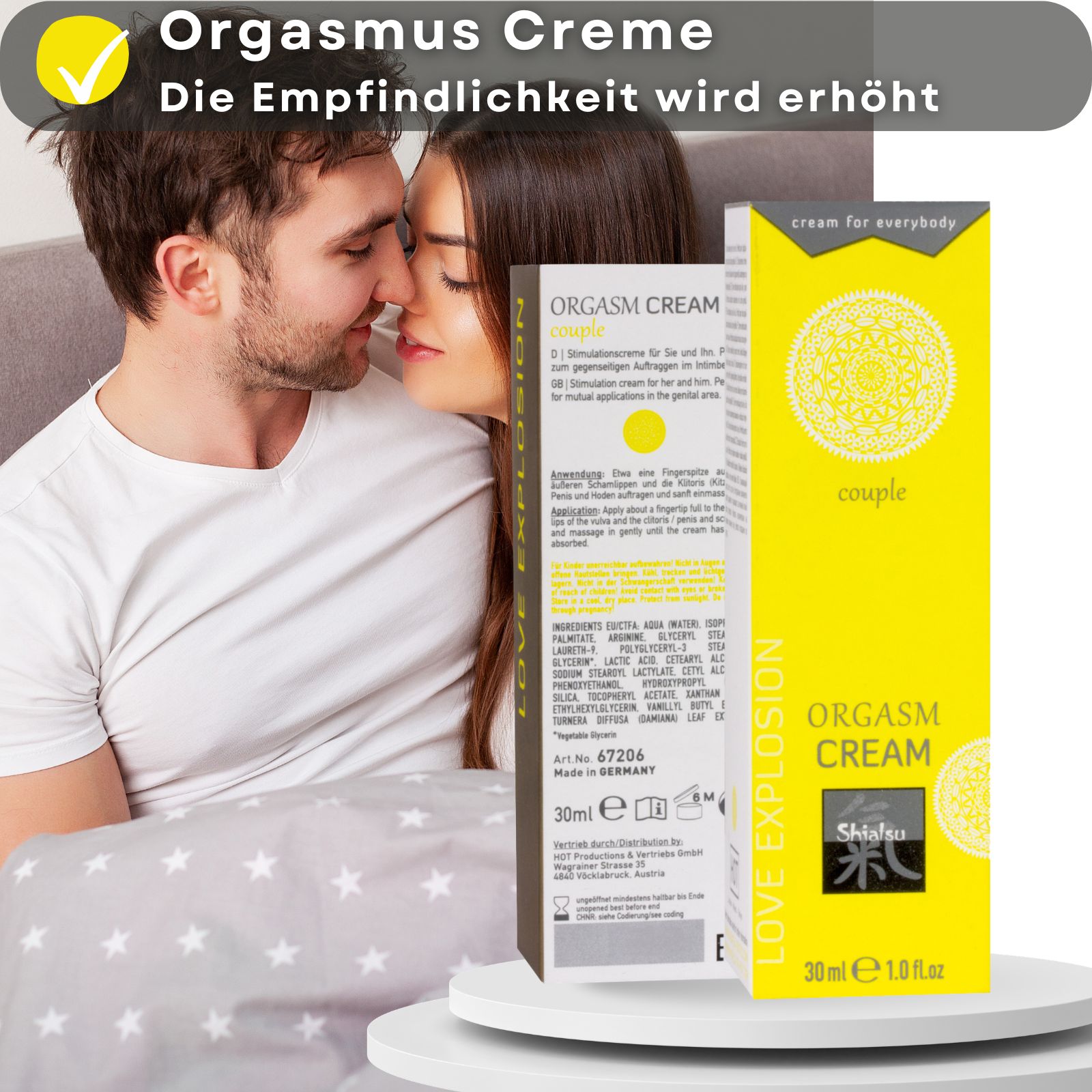 Beine mit roten Schuhen. Gelbe Schachtel und Tube mit „Orgasmus Cream“. Text: „Orgasmus Creme“.