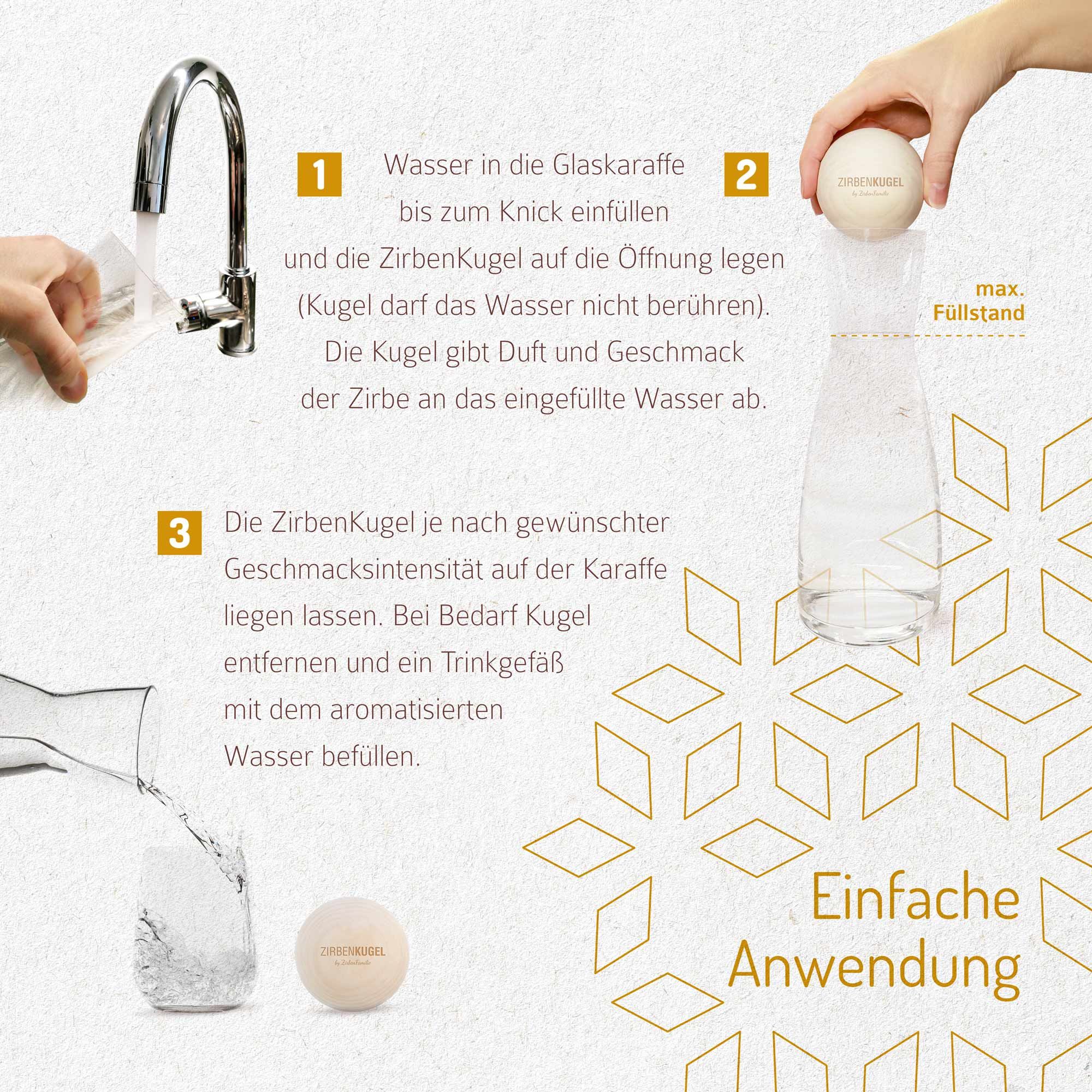 Glas-Karaffe mit Zirbenkugel. Wasser wird in die Karaffe gefüllt, Kugel auf die Öffnung gelegt. Aromatisierung durch die Kugel.