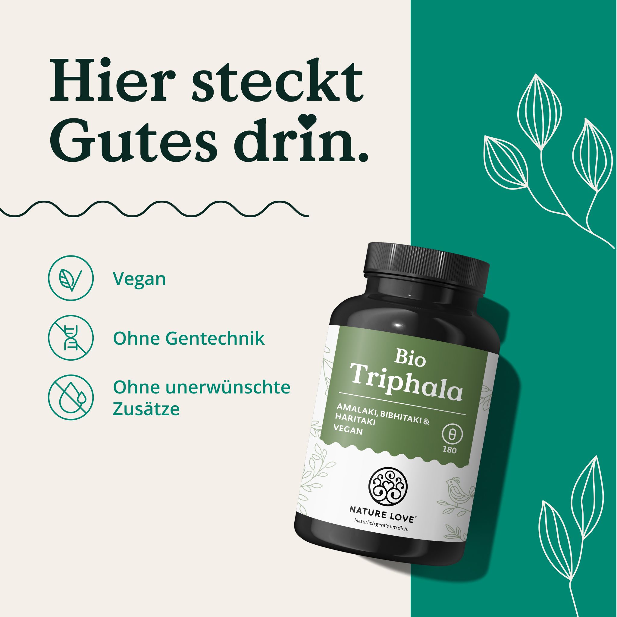 Dunkle Dose 'Bio Triphala' mit Etikett, neben Text über vegane Inhaltsstoffe.