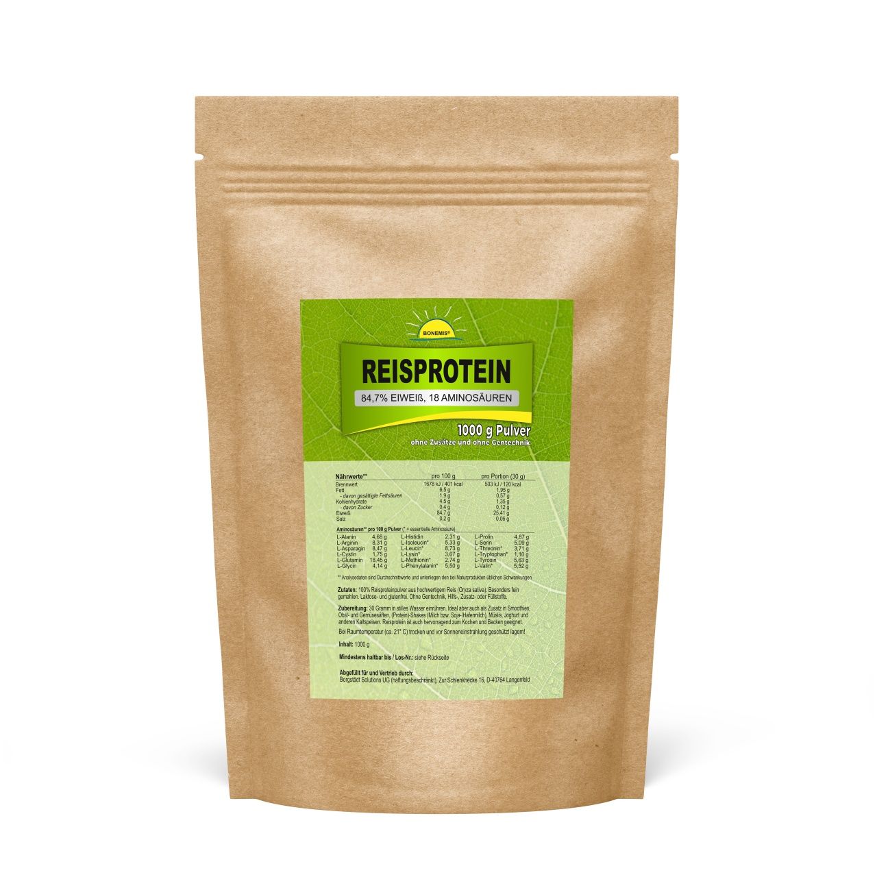 Bonemis® Reisprotein (84,7% Eiweiß, 18 Aminosäuren, fein gemahlen, von Natur aus vegan) 1 kg Pulver