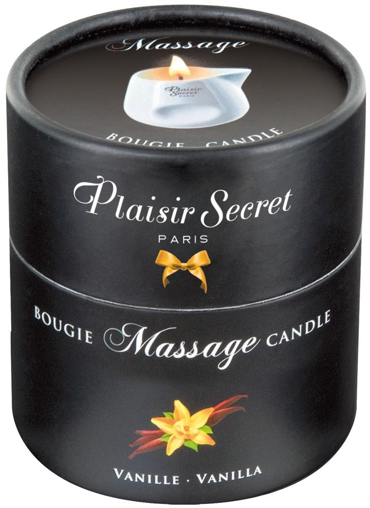 Schwarze zylindrische Verpackung. Aufschrift "Plaisir Secret PARIS". Oben "Massage Bougie Candle". Unten "Vanille".
