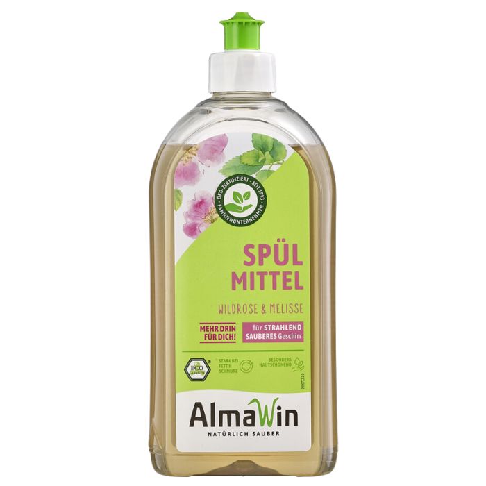 Transparente Spülmittelflasche mit grünem Deckel. Aufkleber mit Text: Spülmittel Wildrose & Melisse, AlmaWin. Öko-Zertifizierung.