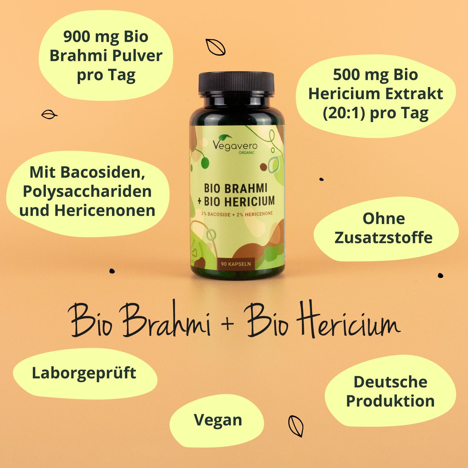 Grüne Flasche mit schwarzen Deckel. Aufschrift: BIO BRAHMI + BIO HERCIUM. Zusätzliche Informationen in Sprechblasen.