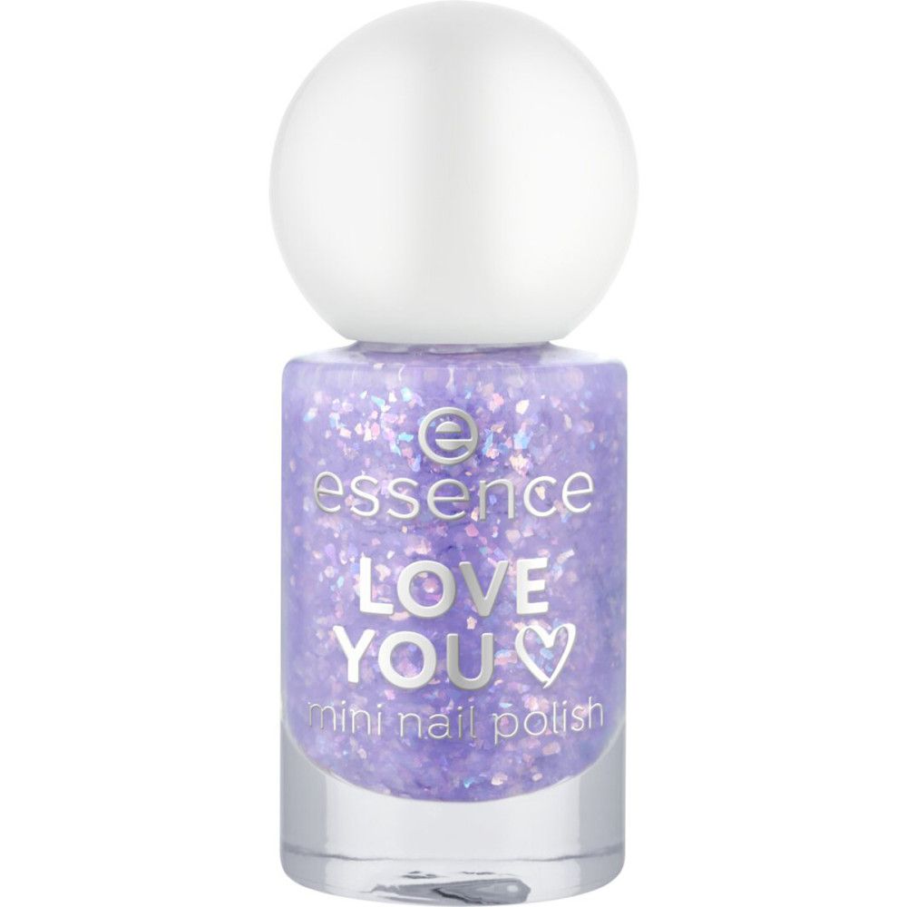Essence Mini Nagellack Love You. Flasche mit lila Glitzerlack, weißer Kappe. Schriftzug und Herz-Symbol.