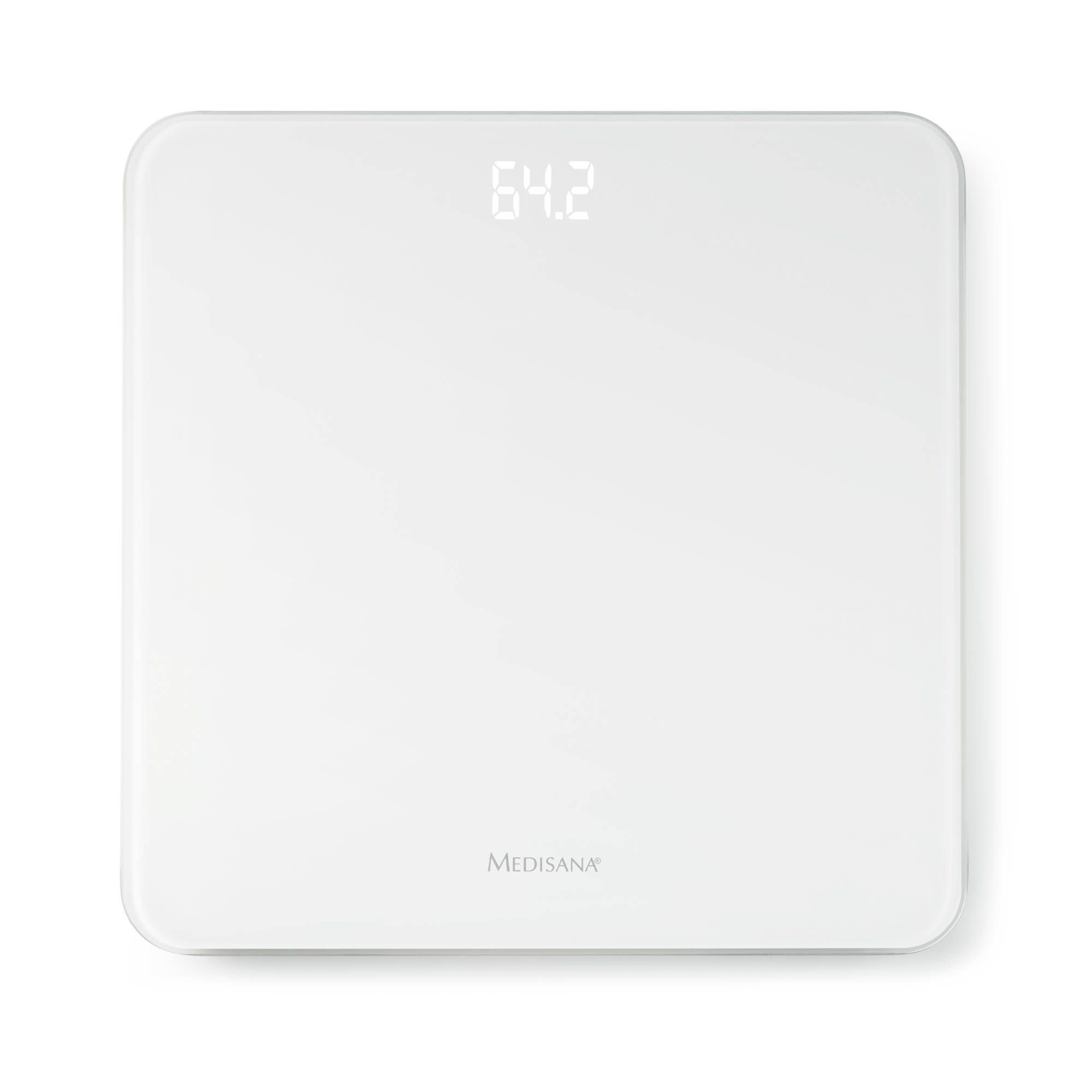 Digitale Personenwaage mit Glasoberfläche. Weiß, quadratisch, mit LED-Display. MEDISANA-Logo unten.