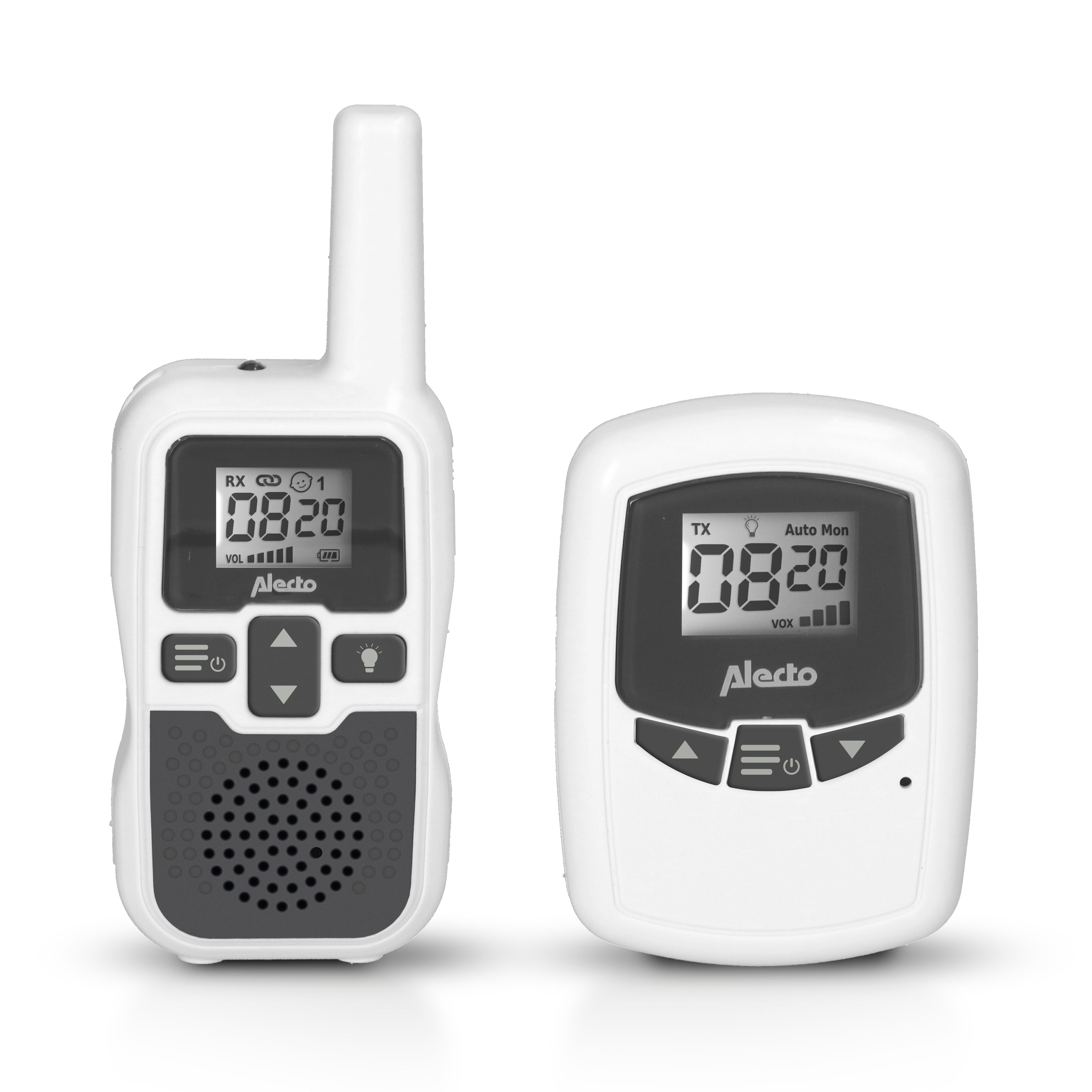 Babyphone, weiß und anthrazitfarben. Elterneinheit und Babyeinheit mit Displays und Tasten. Marke: Alecto.