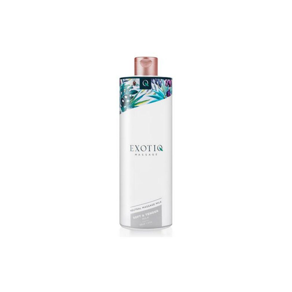 Weiße Flasche mit floralem Muster und rosafarbenem Deckel. Text: Exotiq Massage, Neutral Massage Milk, Soft & Tender.