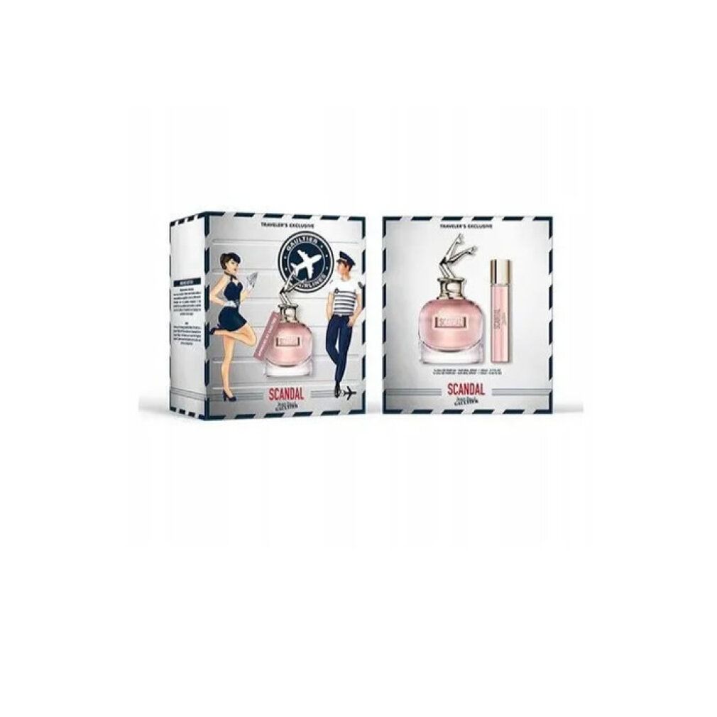 Zwei Geschenkboxen mit Parfumflakons und Miniaturen. Aufdrucke von Personen und dem Produktnamen "SCANDAL".