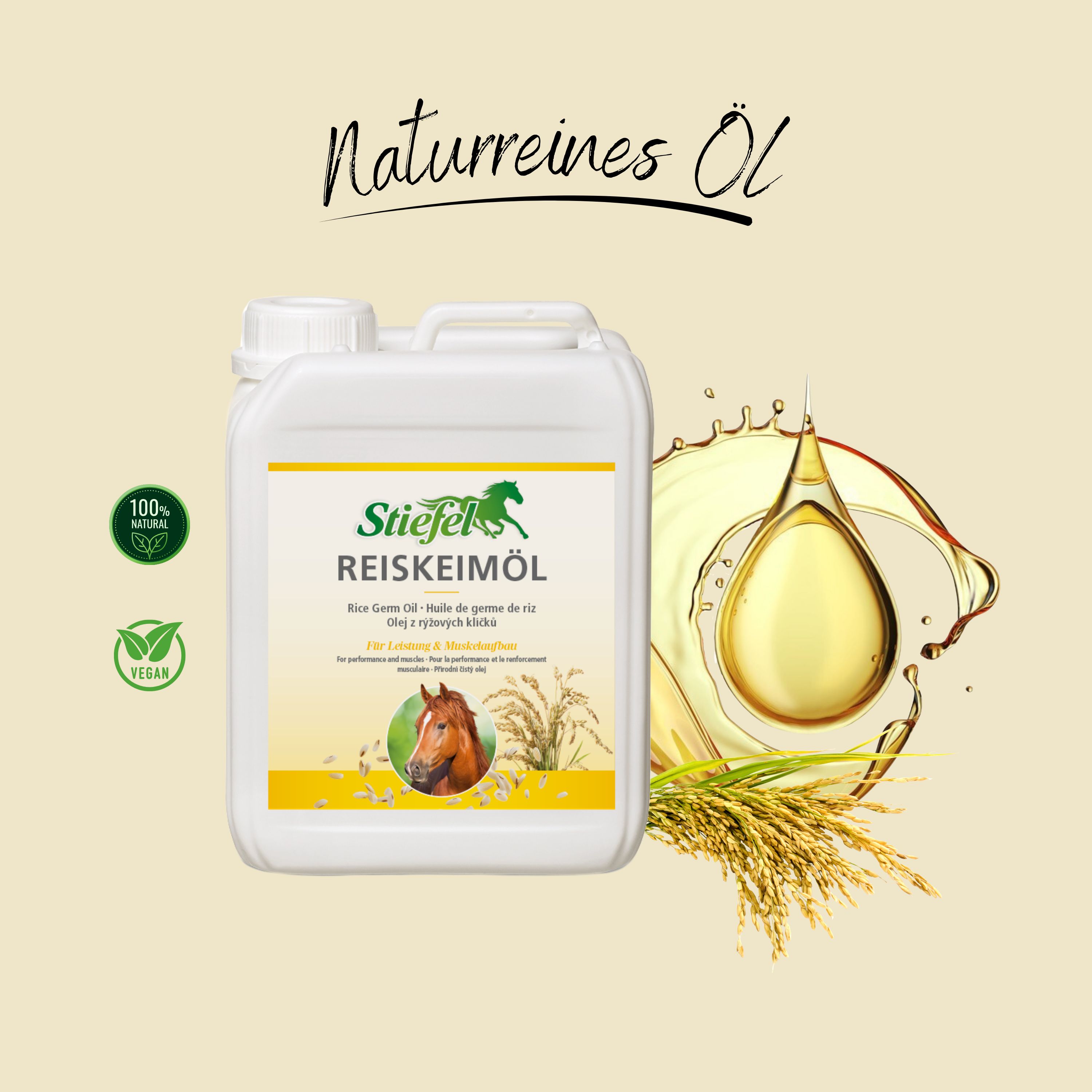 Weißer Kanister mit Etikett. Aufschrift: Stiefel Reiskeimöl. Logo: Pferd. Tropfen Öl und Ähren.