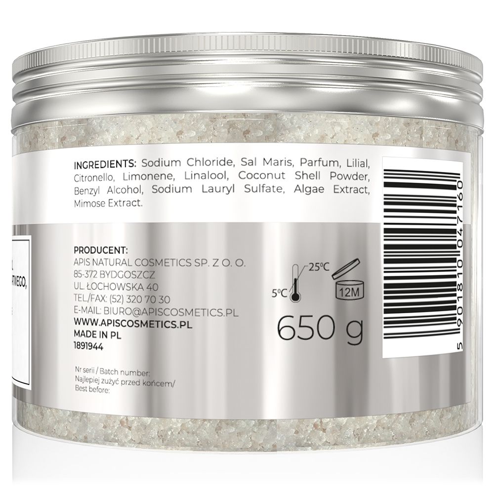 Rückansicht des Behälters. Etikett mit Inhaltsstoffen, Produktionsinformationen, Gewicht 650 g und Haltbarkeitssymbol.