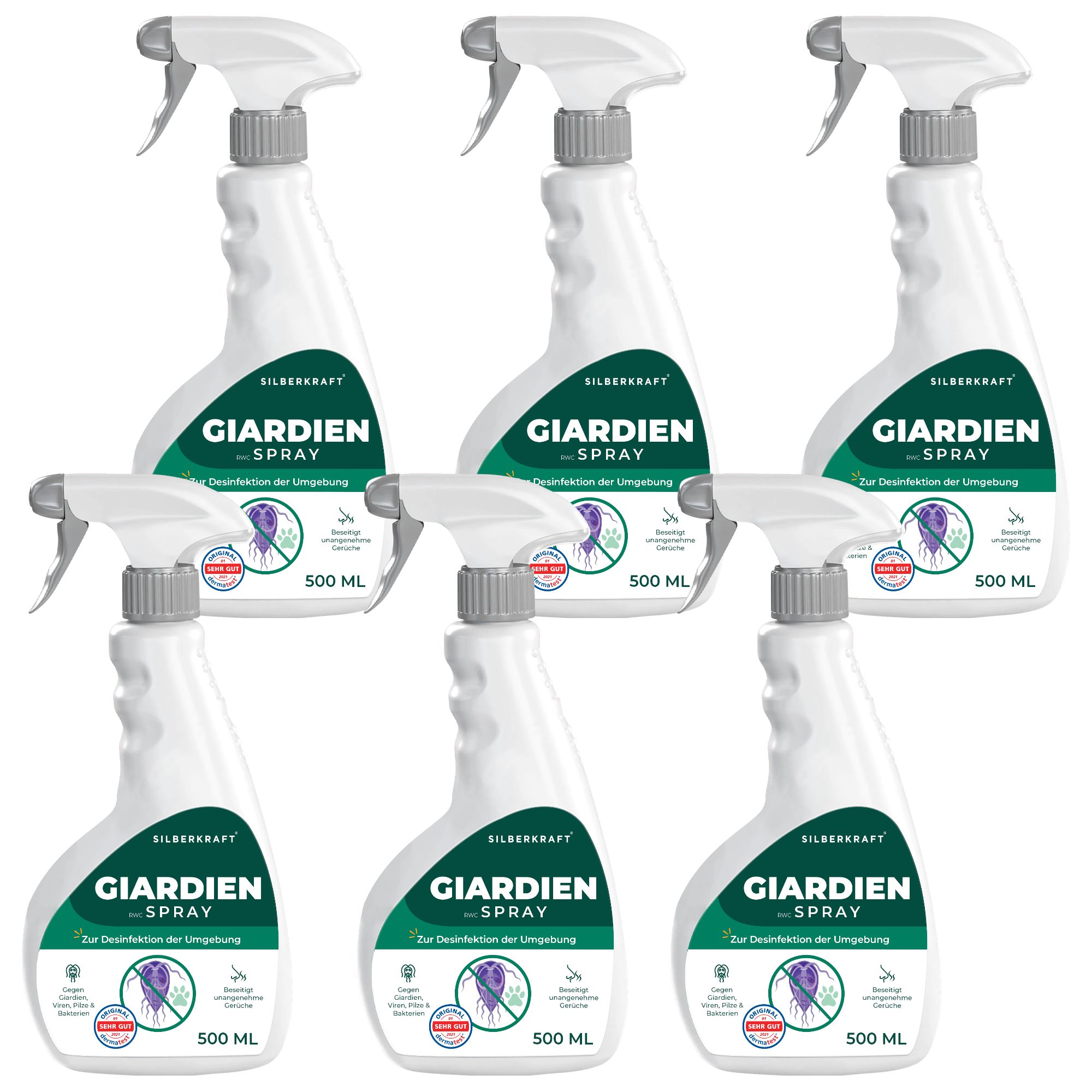 Mehrere weiße Sprühflaschen mit grünem Etikett. Aufschrift: Giardien Spray. 500 ml.
