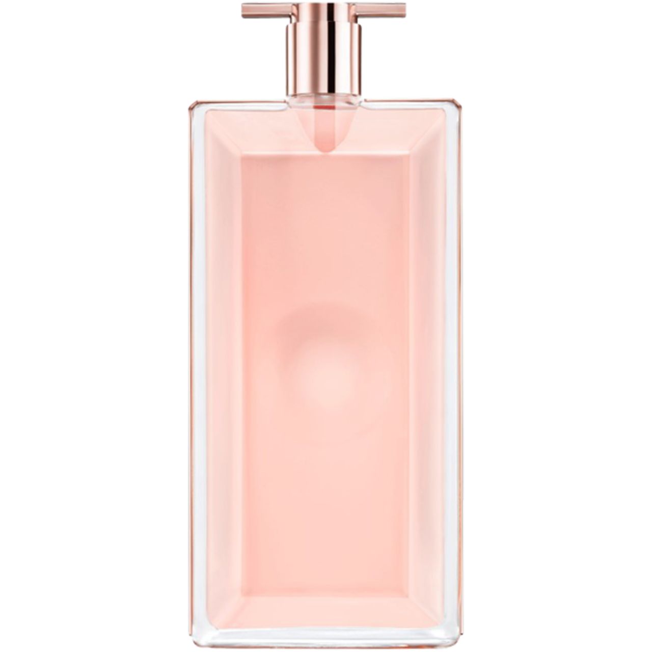 Rechteckiger Flakon mit rosa Flüssigkeit. Roségoldfarbener Sprühkopf. Klarer Glasflakon.