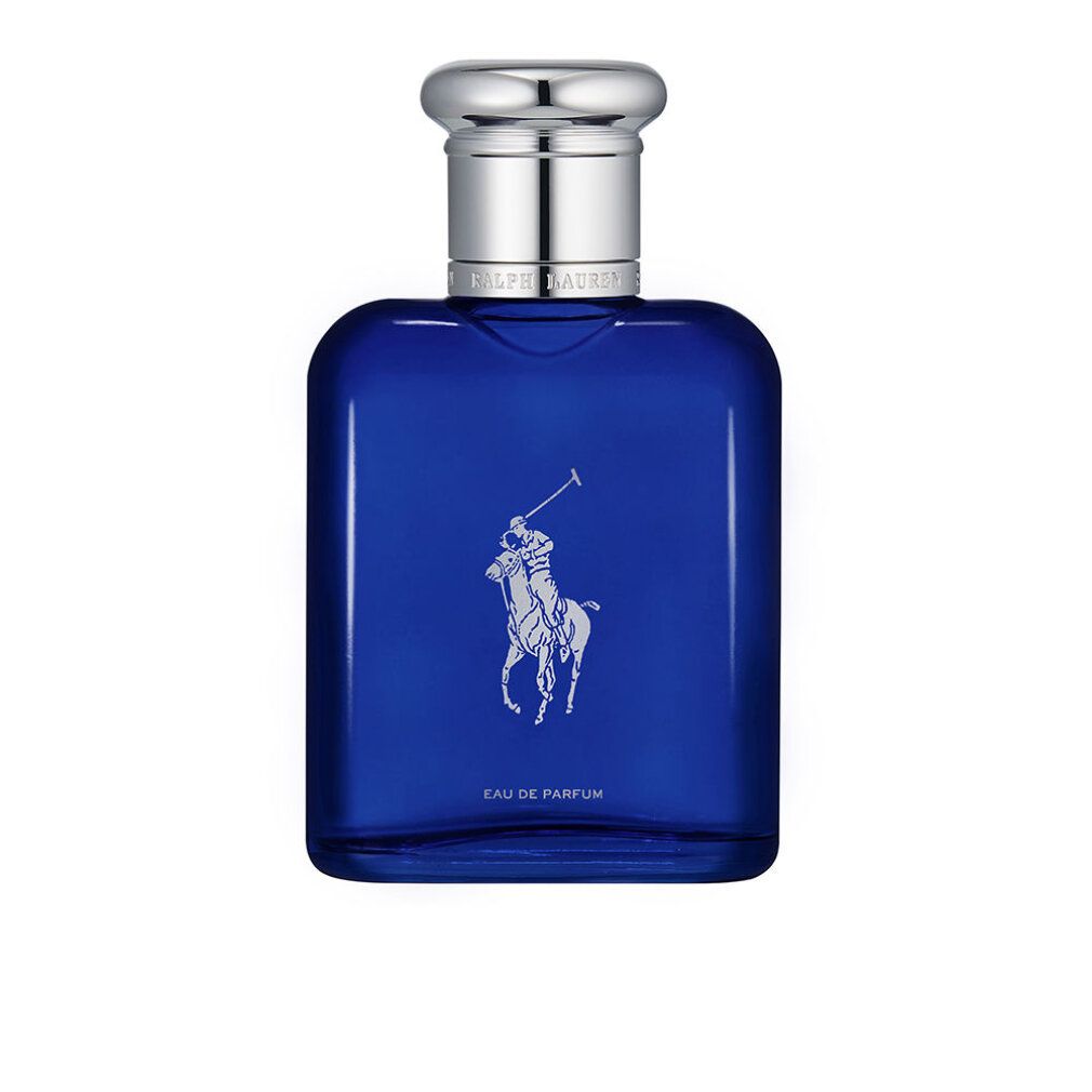 Blaues Parfümflakon mit silbernem Verschluss. Logo mit Reiter. Text: Eau de Parfum.