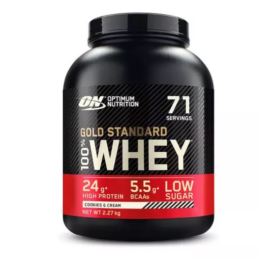 Schwarze Dose mit rotem Etikett. Aufschrift: Gold Standard 100% Whey. Geschmack: Cookies & Cream. 71 Portionen.