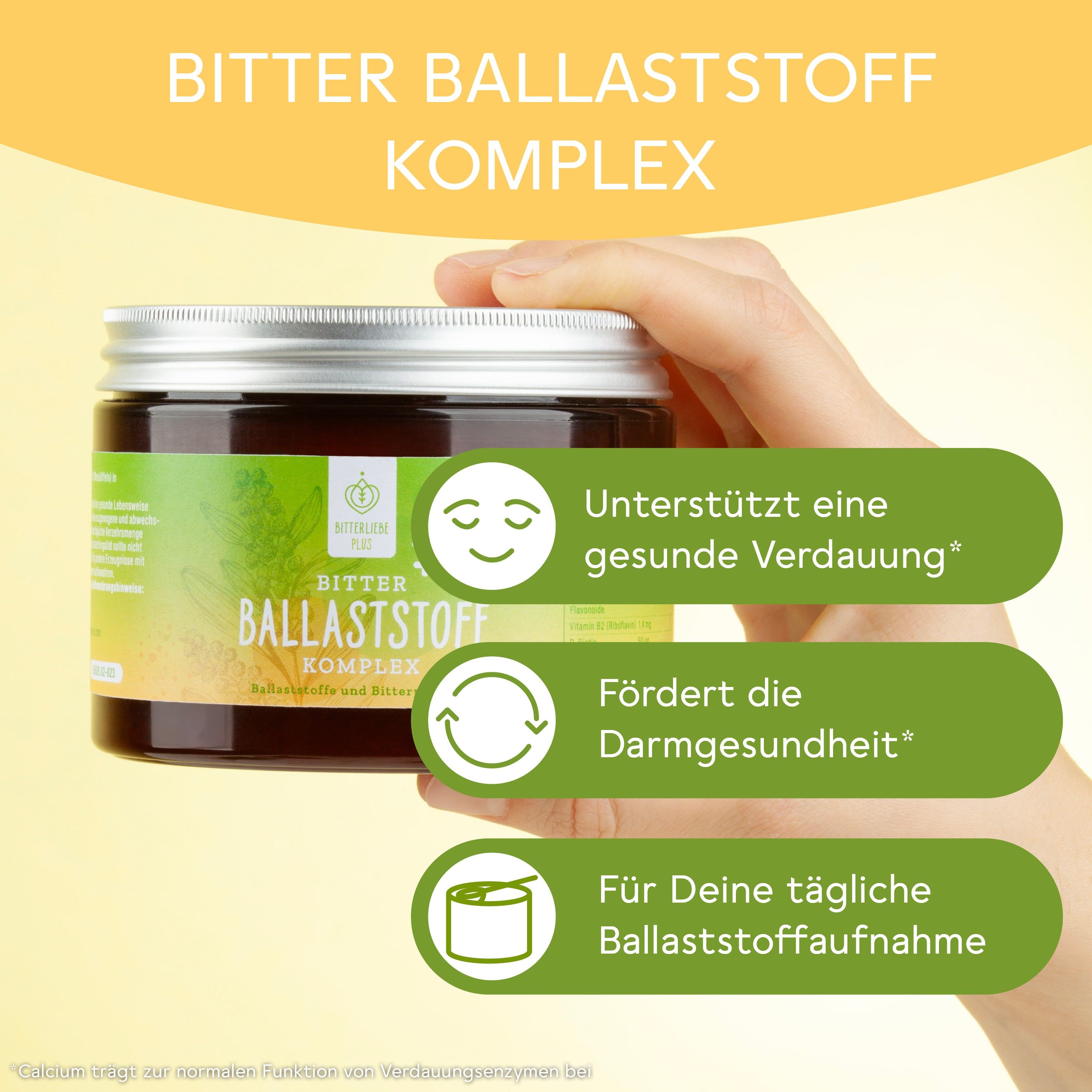 Hand hält Dose mit gelb-grünem Etikett. Text: BitterLiebe Ballaststoff Komplex. Icons und Text zu Verdauung und Darmgesundheit.