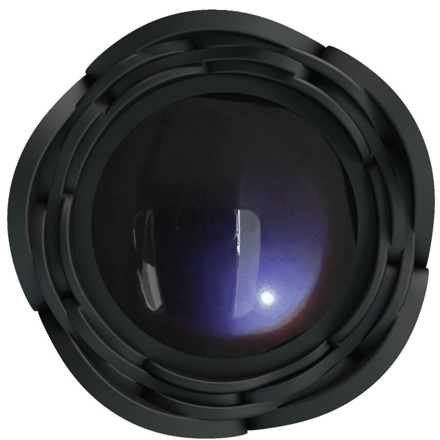 Nahaufnahme des Blütenförmigen Aufsatzes eines schwarzen Analplugs. Dunkle Linse im Zentrum, umgeben von schwarzen Ringen.