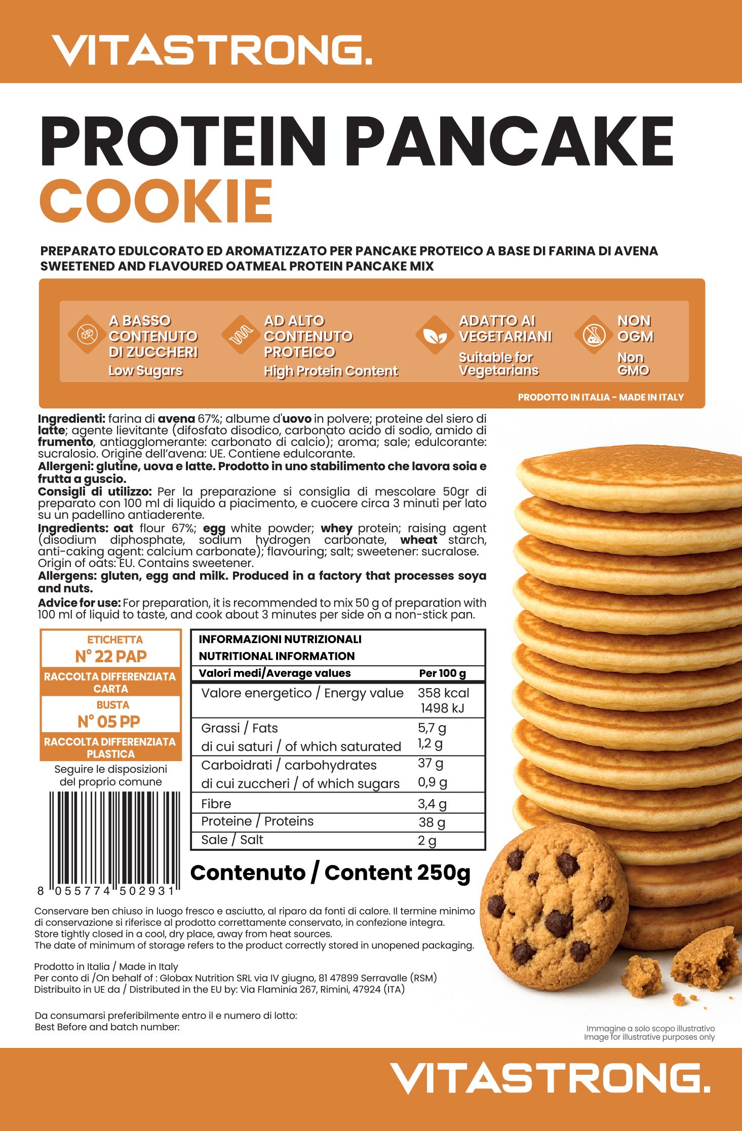 Vitastrong Protein Pancake Cookie. Verpackung mit Produktinformationen und Stapel Pfannkuchen mit Cookie.