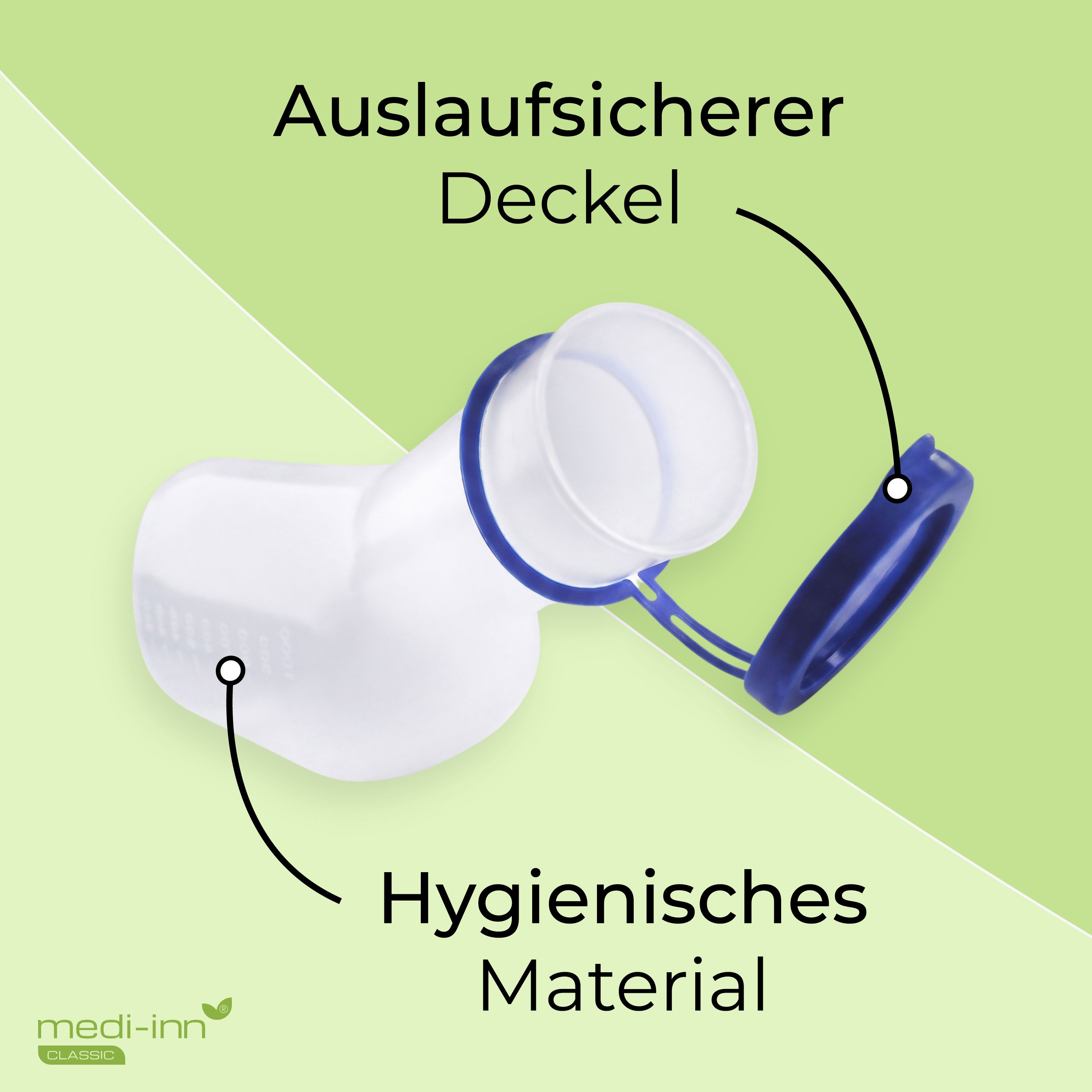 Urinflasche mit auslaufsicherem Deckel und hygienischem Material.
