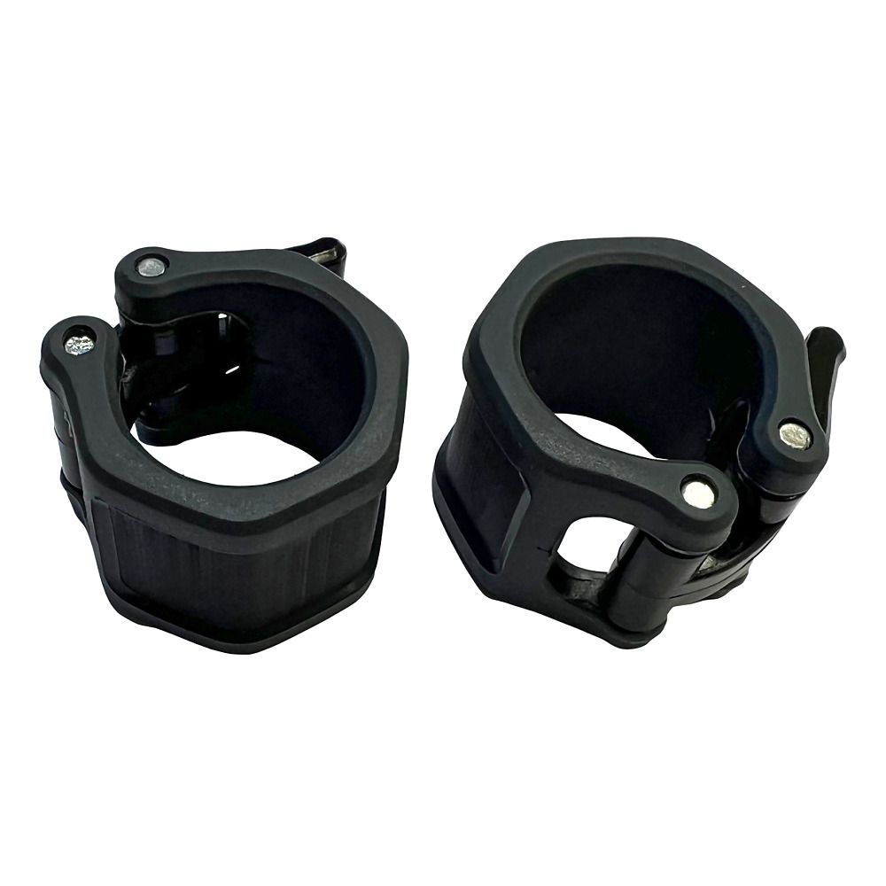 Zwei schwarze Hantelverschlüsse. Runde Form mit Hebelverschluss. Aus Kunststoff.