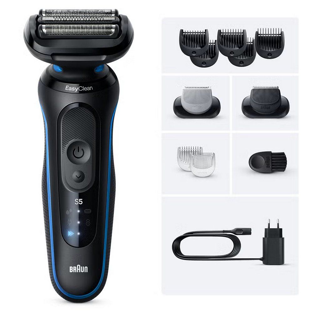 Braun Series 5 Elektrorasierer mit verschiedenen Aufsätzen, Reinigungsbürste und Ladezubehör.