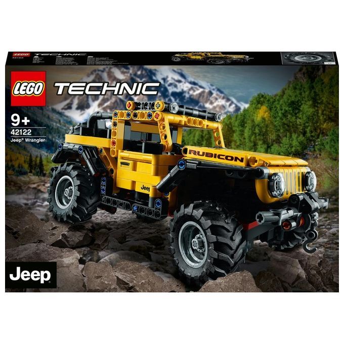LEGO Technic Jeep Wrangler, un'auto modello gialla con pneumatici e dettagli neri. La confezione mostra il modello finito davanti a un paesaggio. Il set è adatto a bambini dai 9 anni in su e porta il numero 42122.