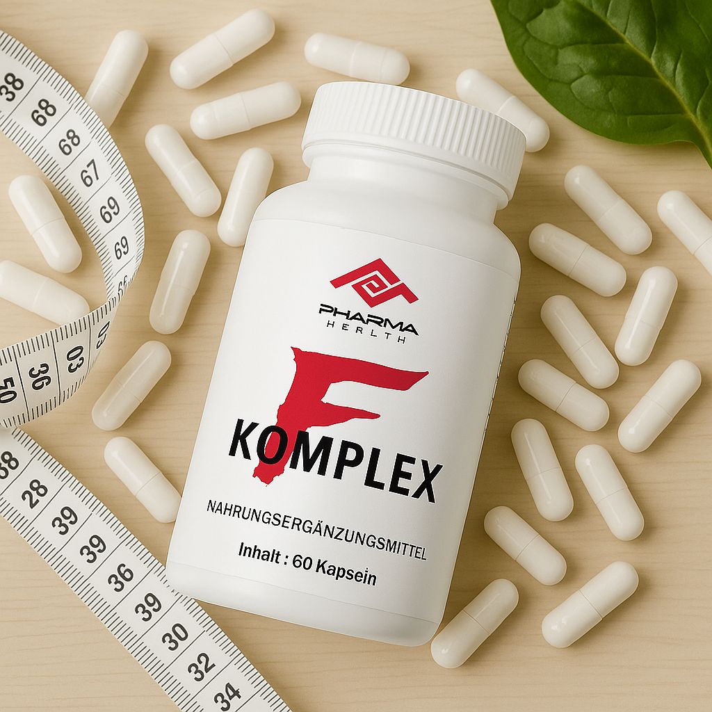 Weiße Flasche mit "F Komplex" und Kapseln. Logo "Pharma Health". Text: Nahrungsergänzungsmittel, Inhalt: 60 Kapseln. Maßband.
