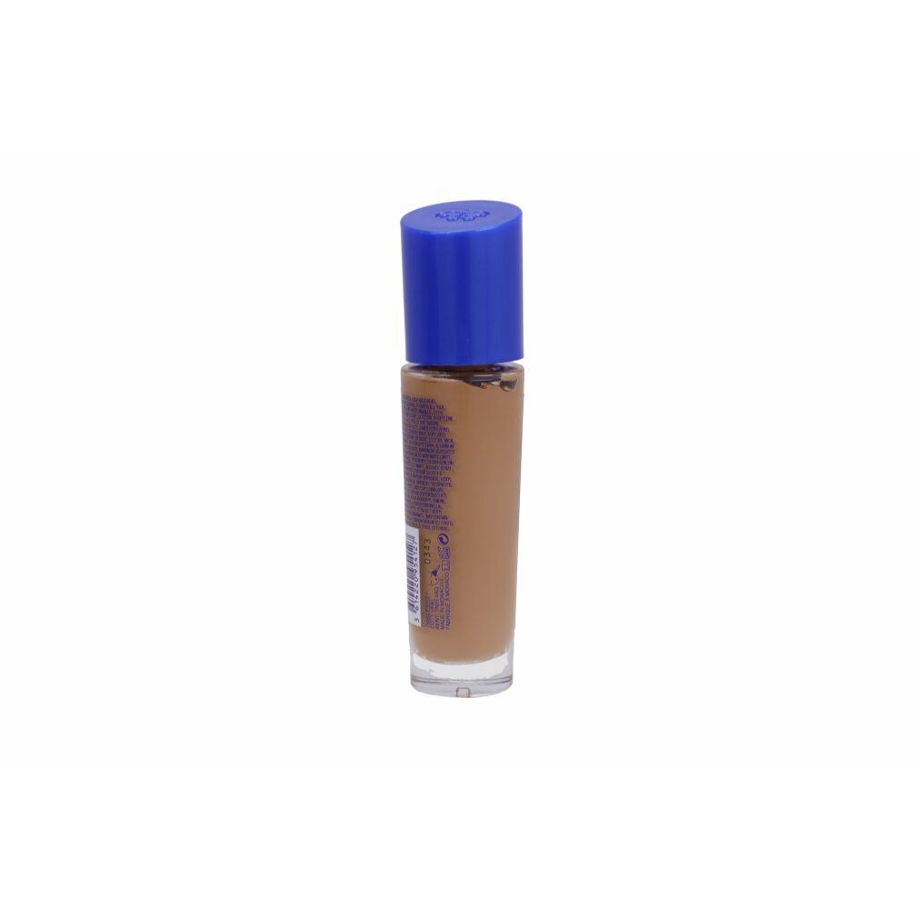 Glasflasche mit Flüssig-Foundation. Blauer Deckel. Aufschrift: Match Perfection. Farbton 400 Natural Beige. Rückseite mit Text.