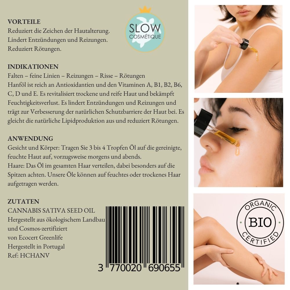 Etikett mit Text: SOWÉ, Bio-Hanföl, 50 ml. Bilder: Gesicht, Rücken, Haare. Bio-Zertifizierung.