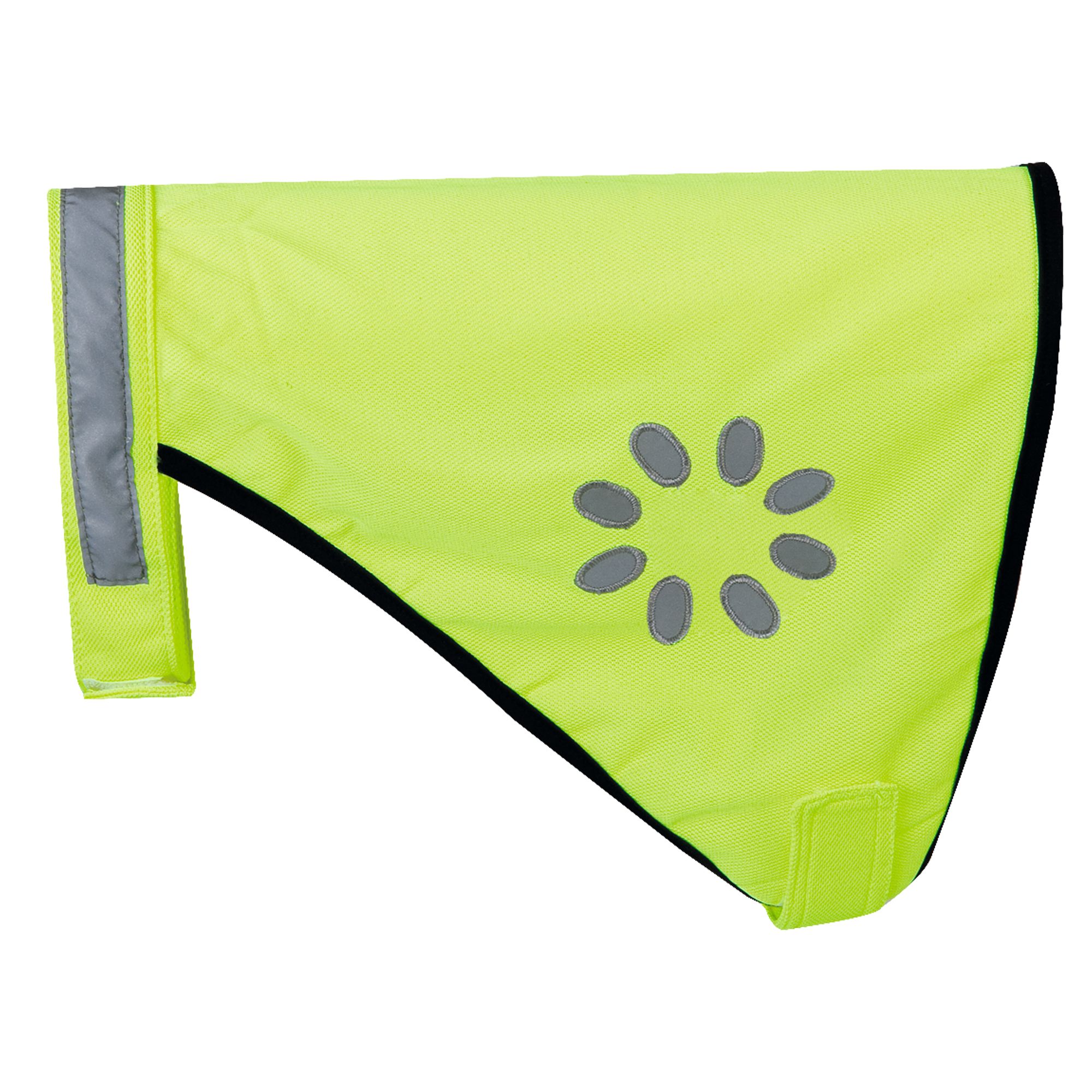 Gelbe Hunde Sicherheitsweste mit reflektierenden Elementen und Klettverschluss. Gr. L. Seitliche Ansicht.