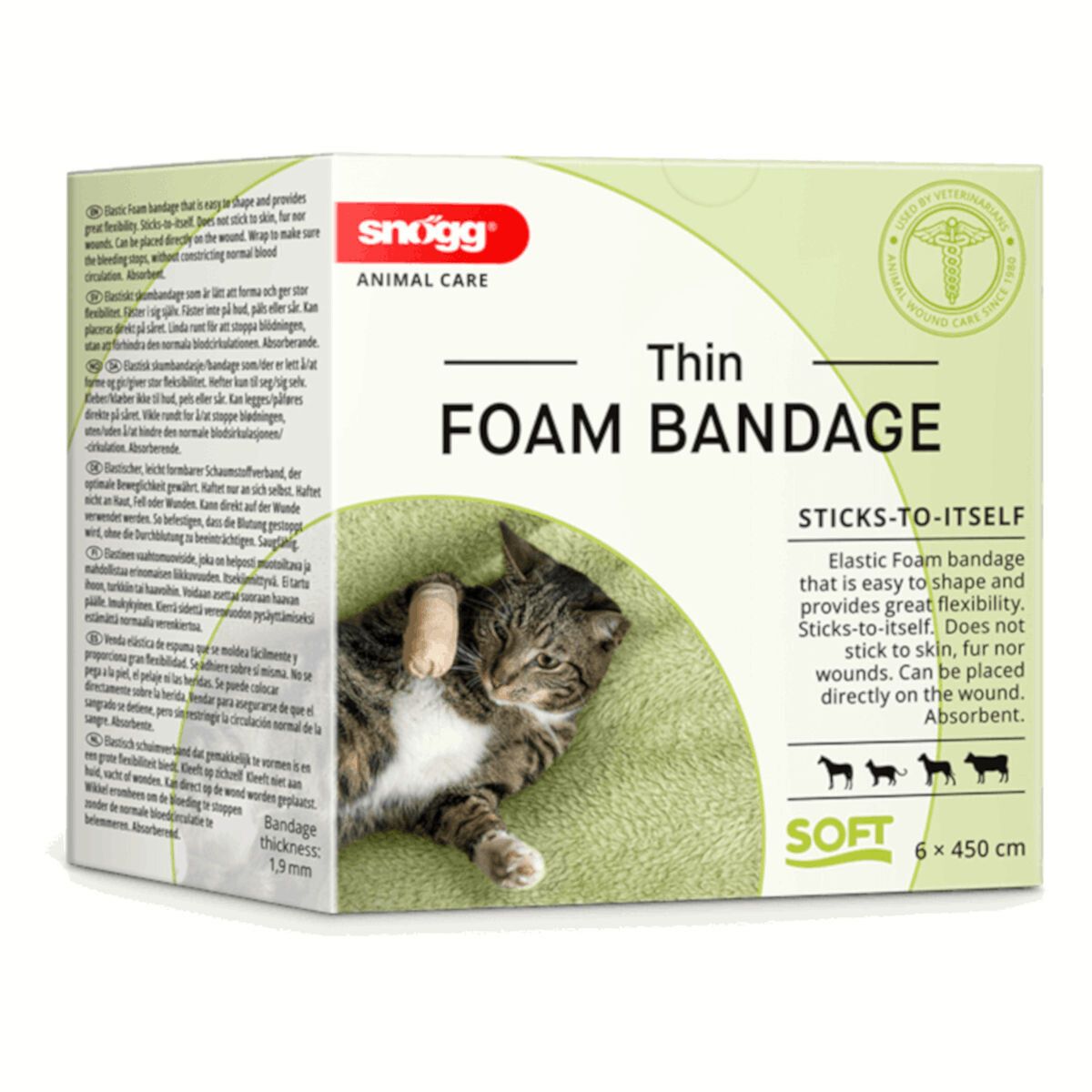 Verpackung mit Snögg Thin Foam Bandage, zeigt Katze mit Verband.