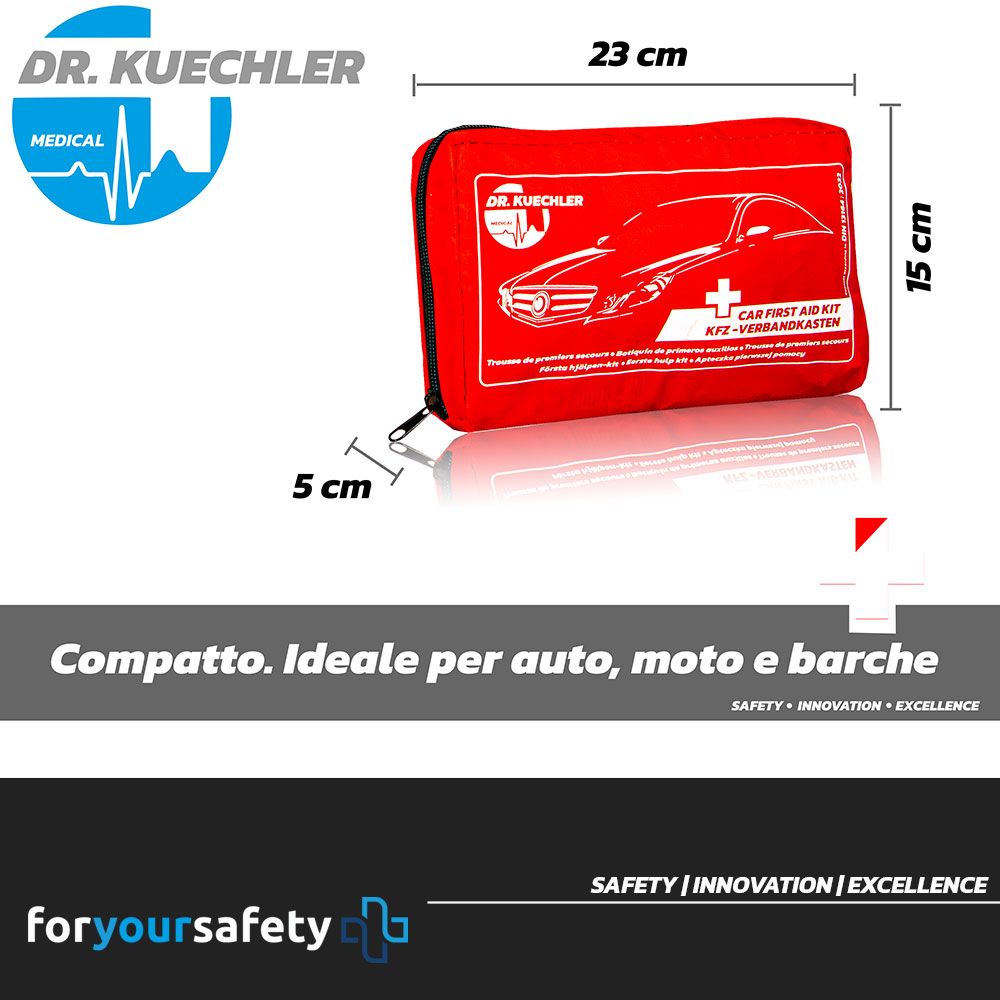 Rote KFZ-Verbandtasche. Maße: 23x15x5 cm. Reißverschluss. Logo Dr. Kuechler Medical.
