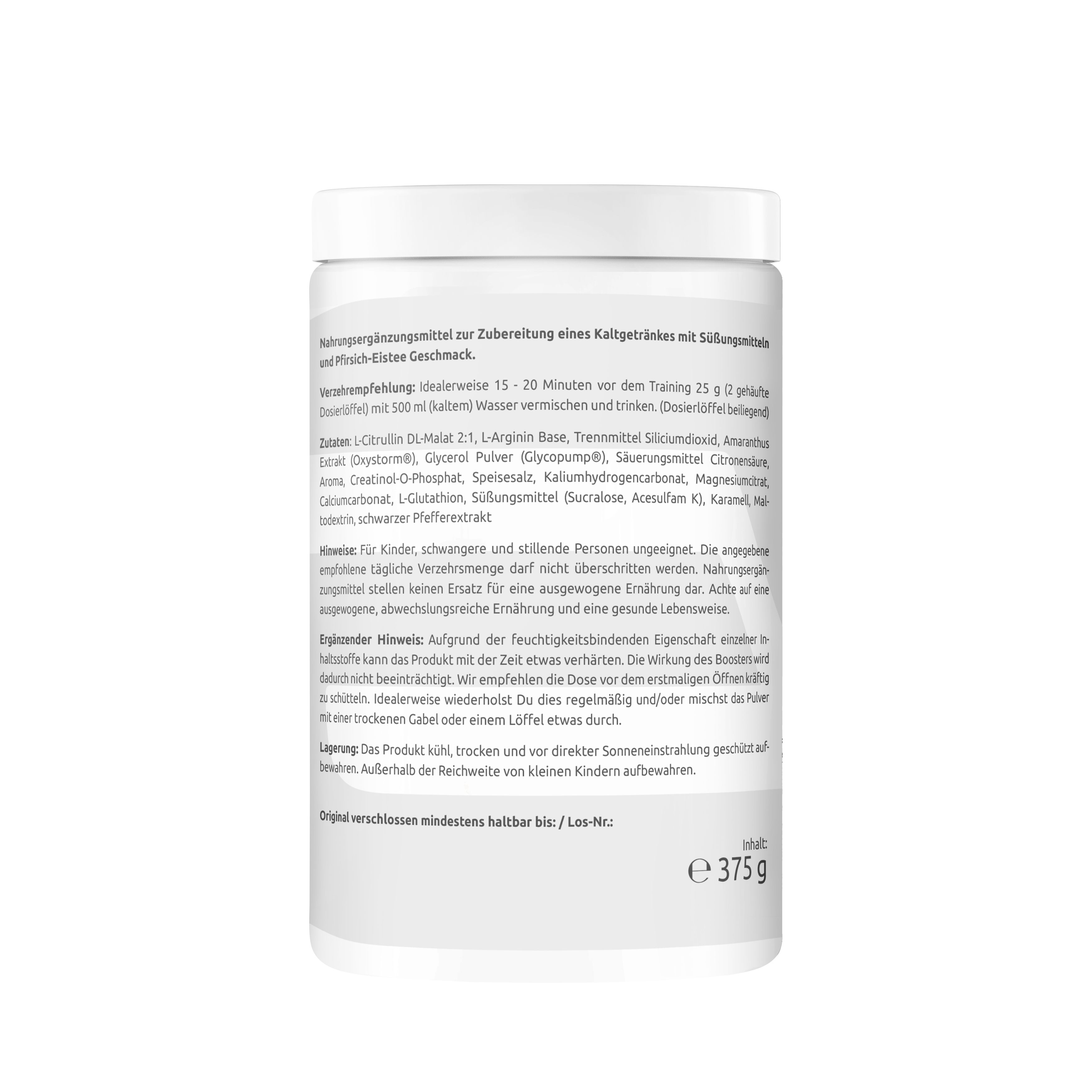 Weißer Behälter mit Text. Zutatenliste, Hinweise und Lagerungshinweise. Text in deutscher Sprache. Gewicht: 375 g.