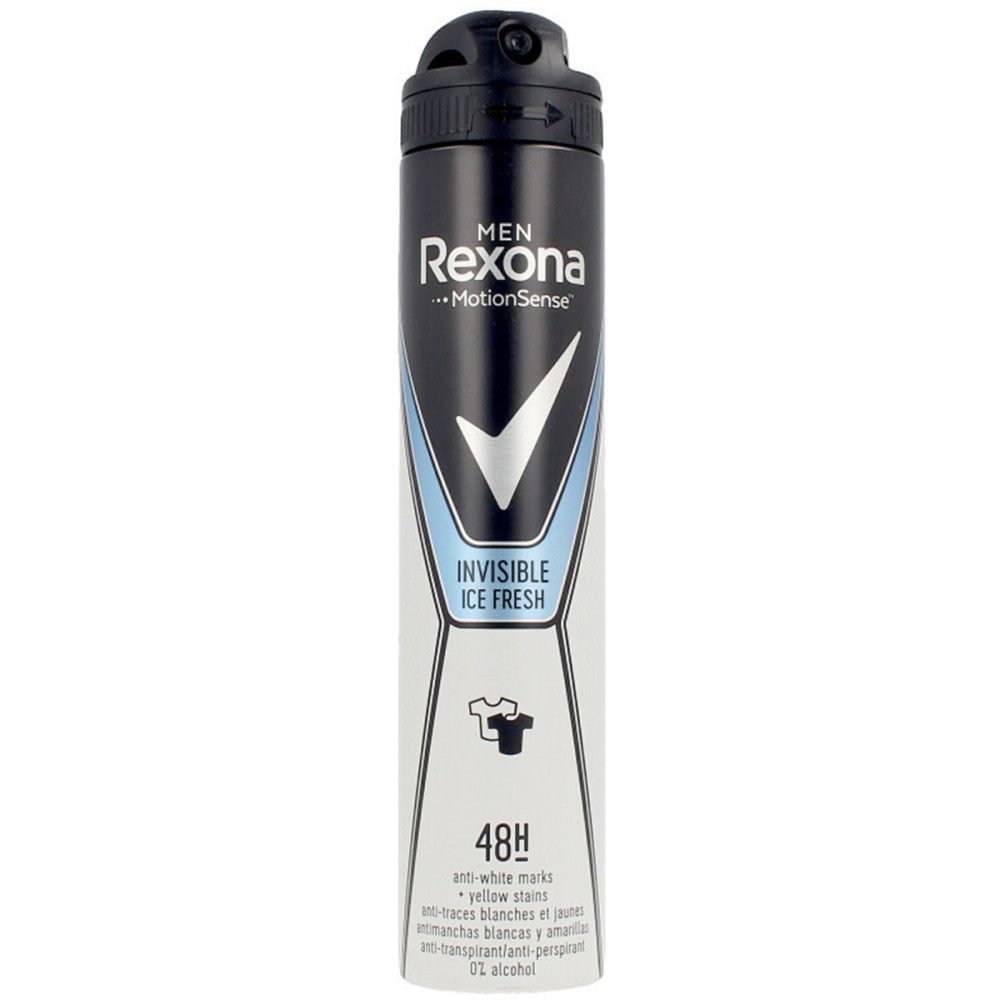 Deospray Rexona Invisible Ice Fresh für Männer. Schwarz-weiß-blaue Dose. Enthält 48h Anti-Transpirant. Logo und Produktname sichtbar.