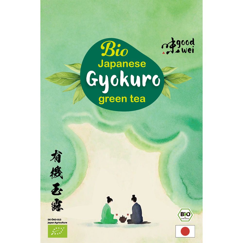 Verpackung von Goodwei Bio Gyokuro Grüntee. Grün, mit Schriftzug und Illustrationen. Bio-Siegel und japanische Flagge.