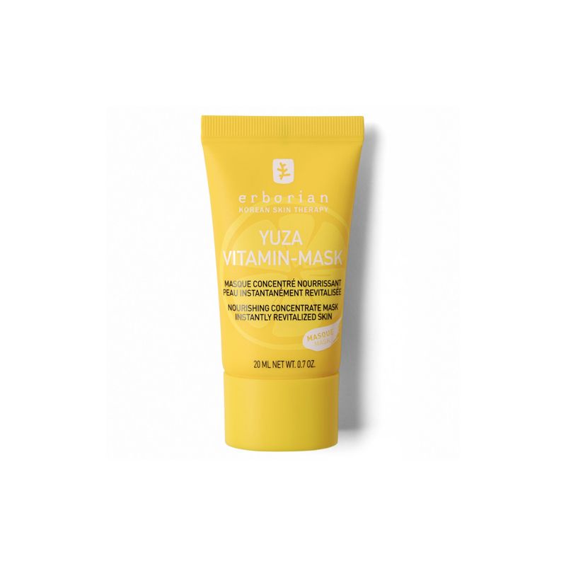 Gelbe Tube mit Produktnamen und Text. Aufschrift: YUZA VITAMIN-MASK. Marke: Erborian. Inhalt: 20 ml.