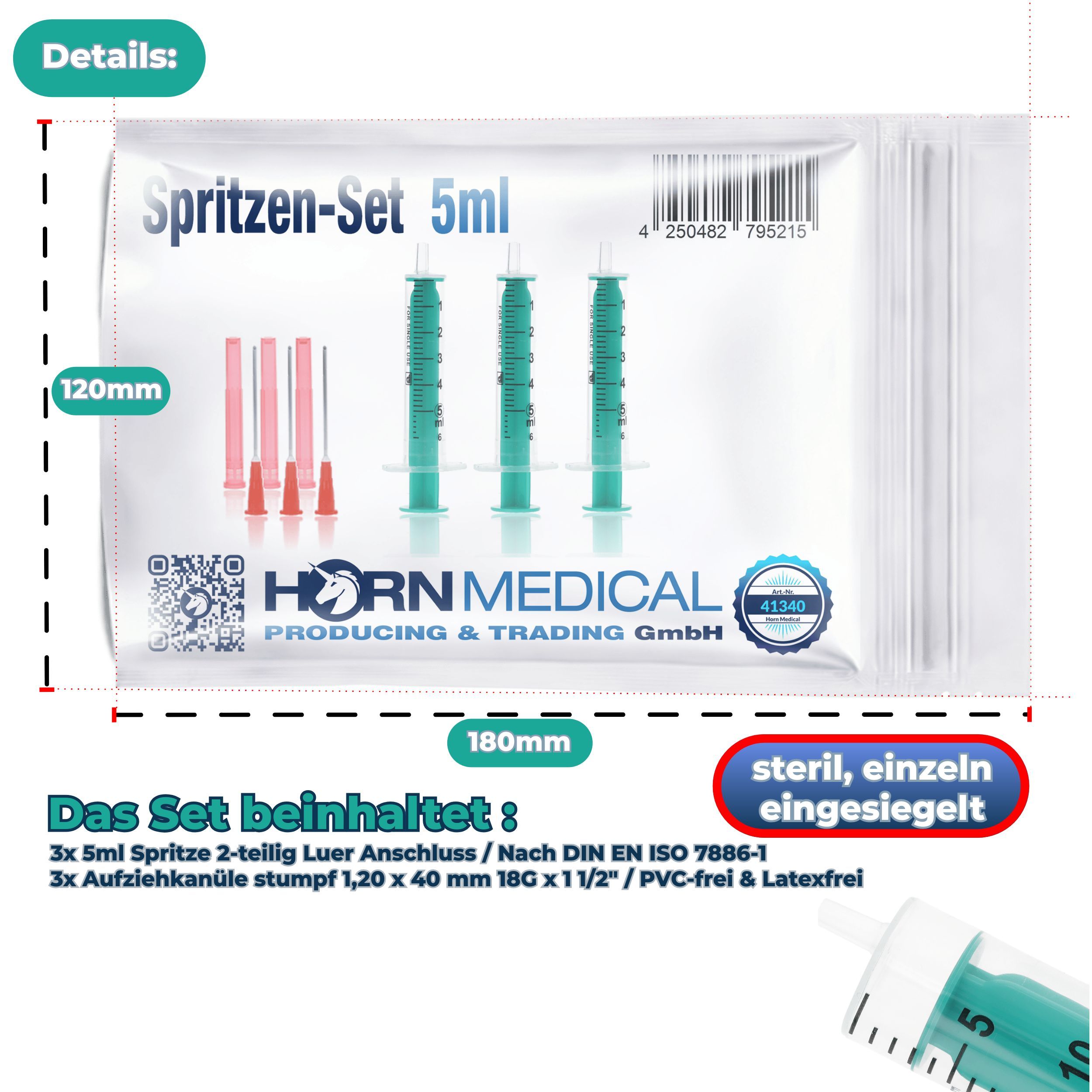 Spritzen-Set 5ml, transparente Verpackung. Enthält Spritzen, Kanülen. Steril, einzeln verpackt.