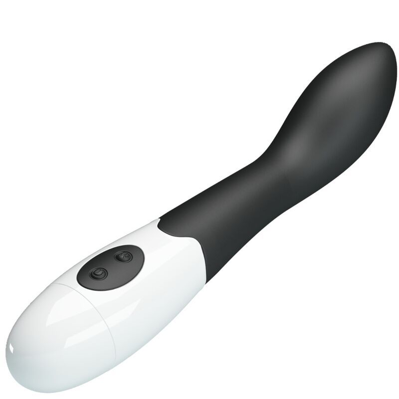 Schwarz-weißer Vibrator mit gebogener Form. Zwei Knöpfe an der Basis.