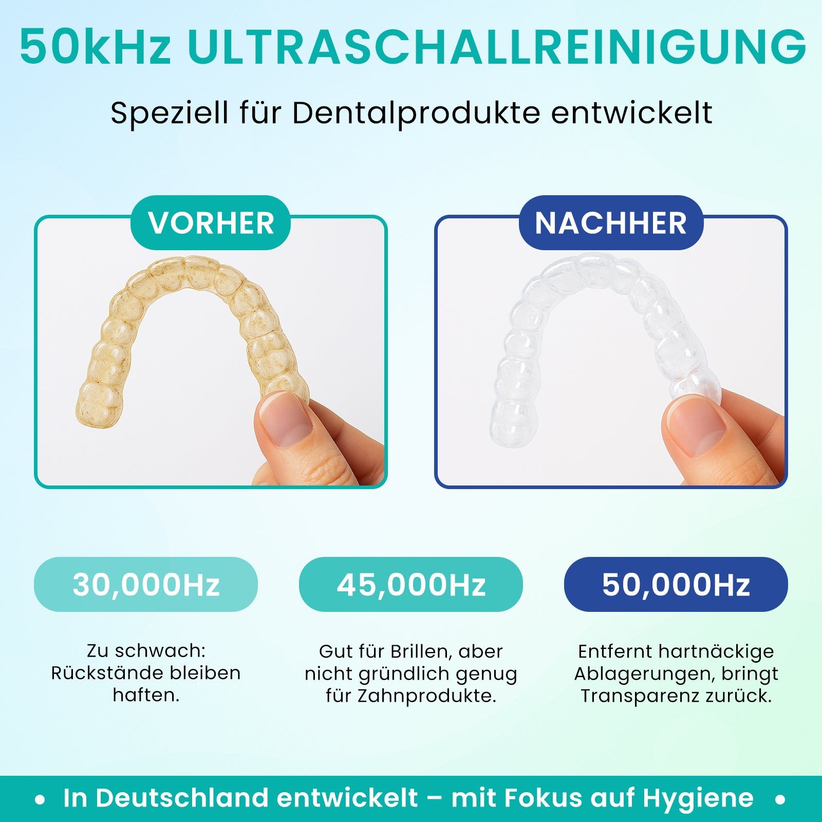 Vergleich von Zahnspangen vor und nach der Reinigung. Links: gelbliche Spange. Rechts: transparente Spange. Text: 50kHz Ultraschallreinigung.