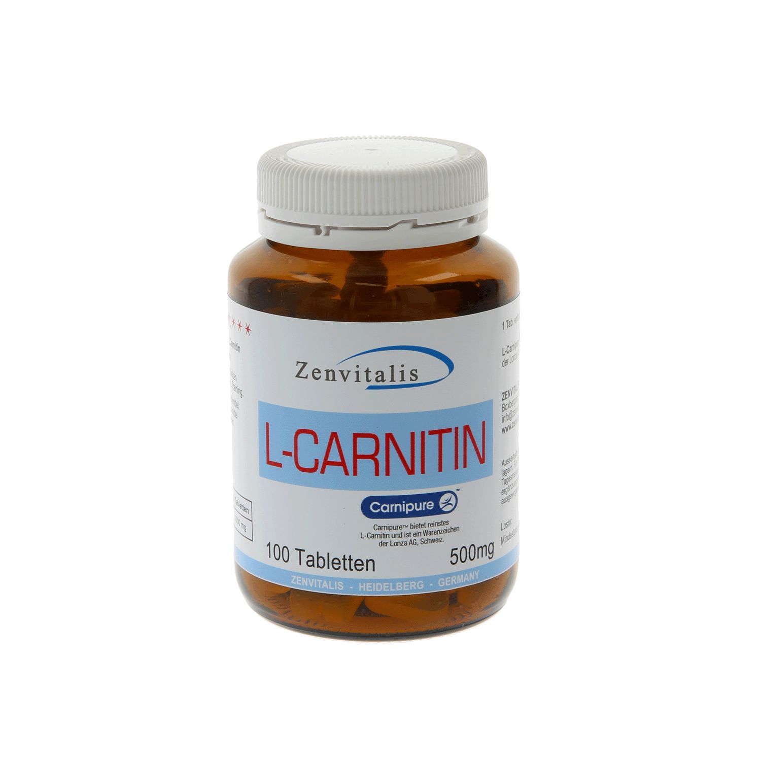 Braune Flasche mit weißen Deckel. Aufschrift: Zenvitalis L-Carnitin, 100 Tabletten, 500mg. Comipure-Logo.