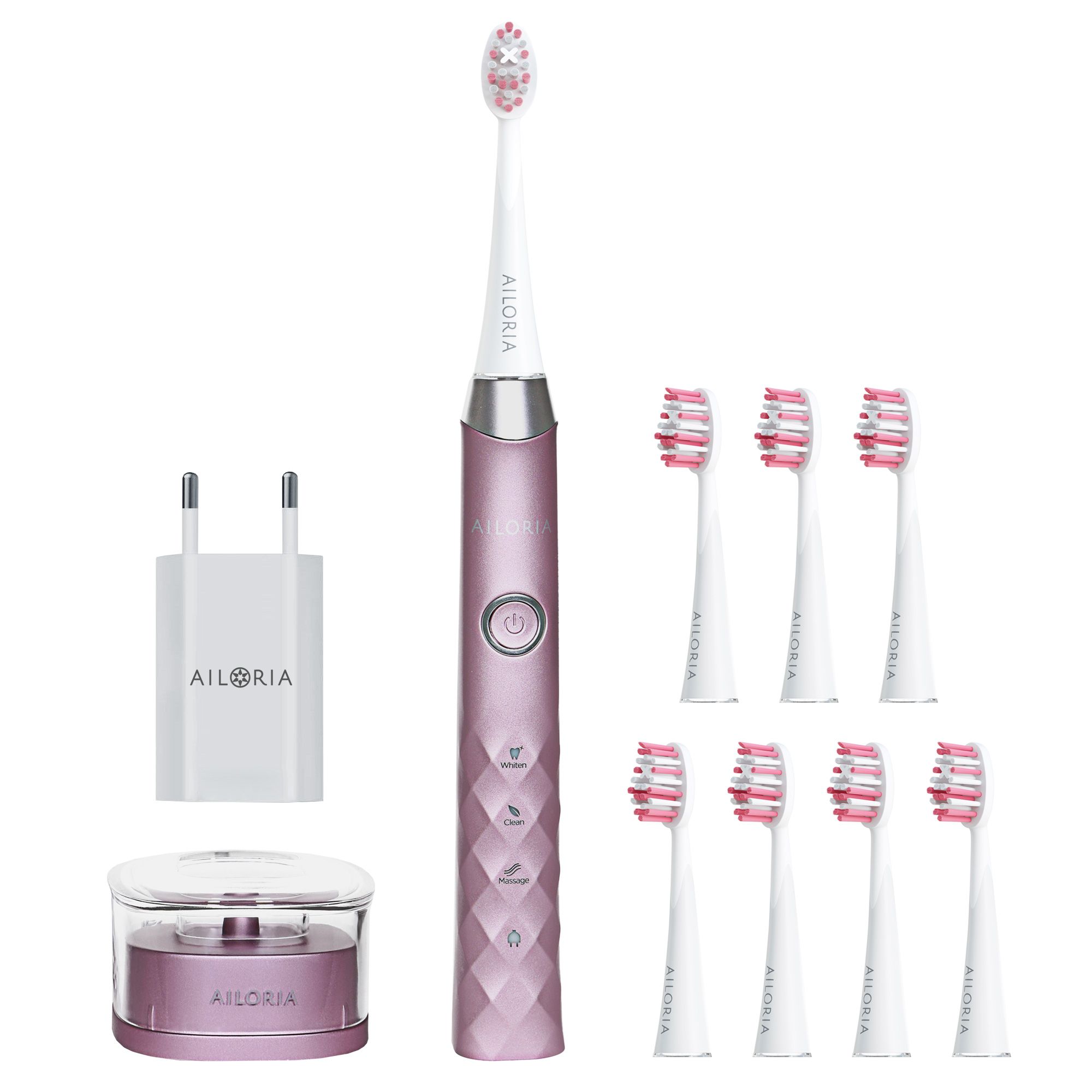 Elektrische Zahnbürste mit Zubehör: Ladegerät, Ladeschale und 6 Bürstenköpfe. Rosa Zahnbürste mit AILORIA-Logo.
