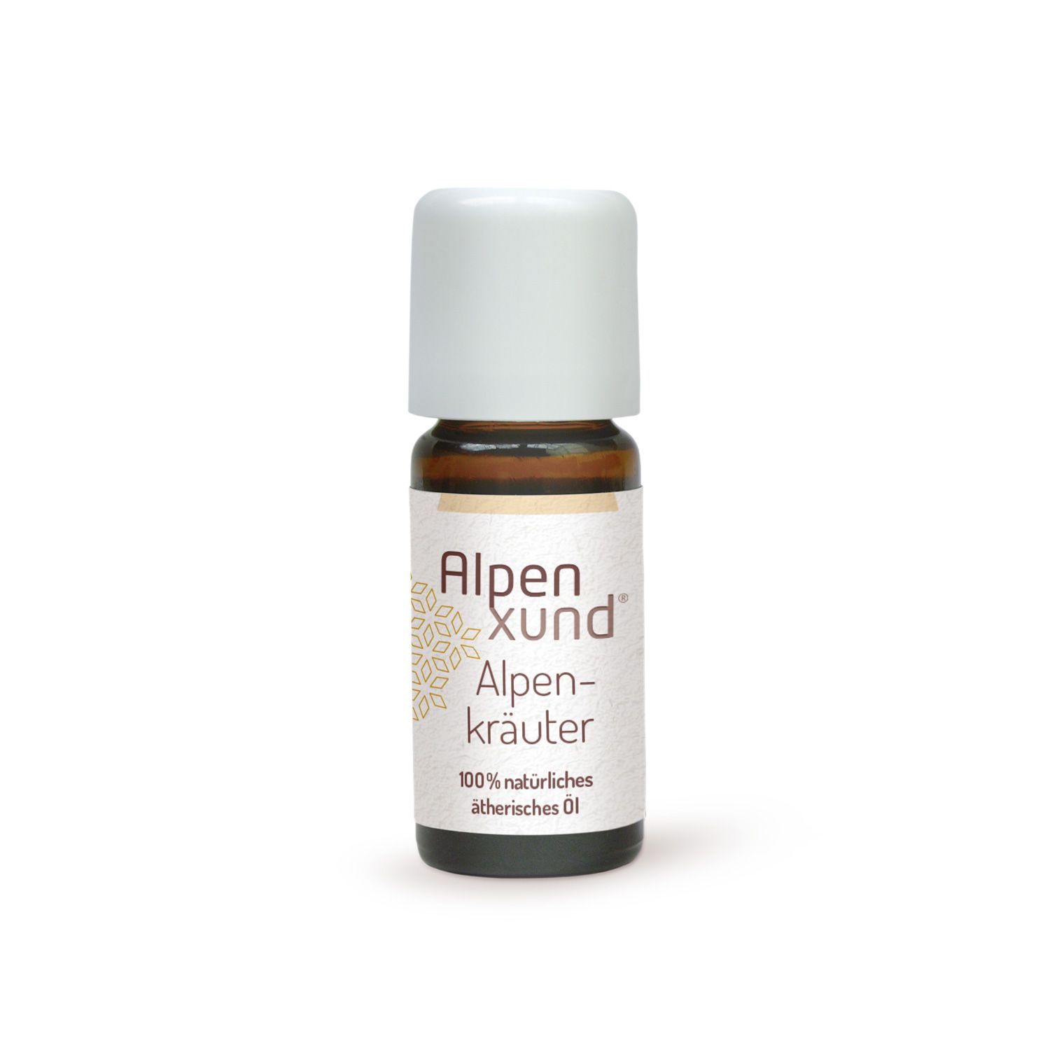 Braune Glasflasche mit weißem Deckel. Beschriftung: Alpenxund Alpenkräuter 100% natürliches ätherisches Öl.