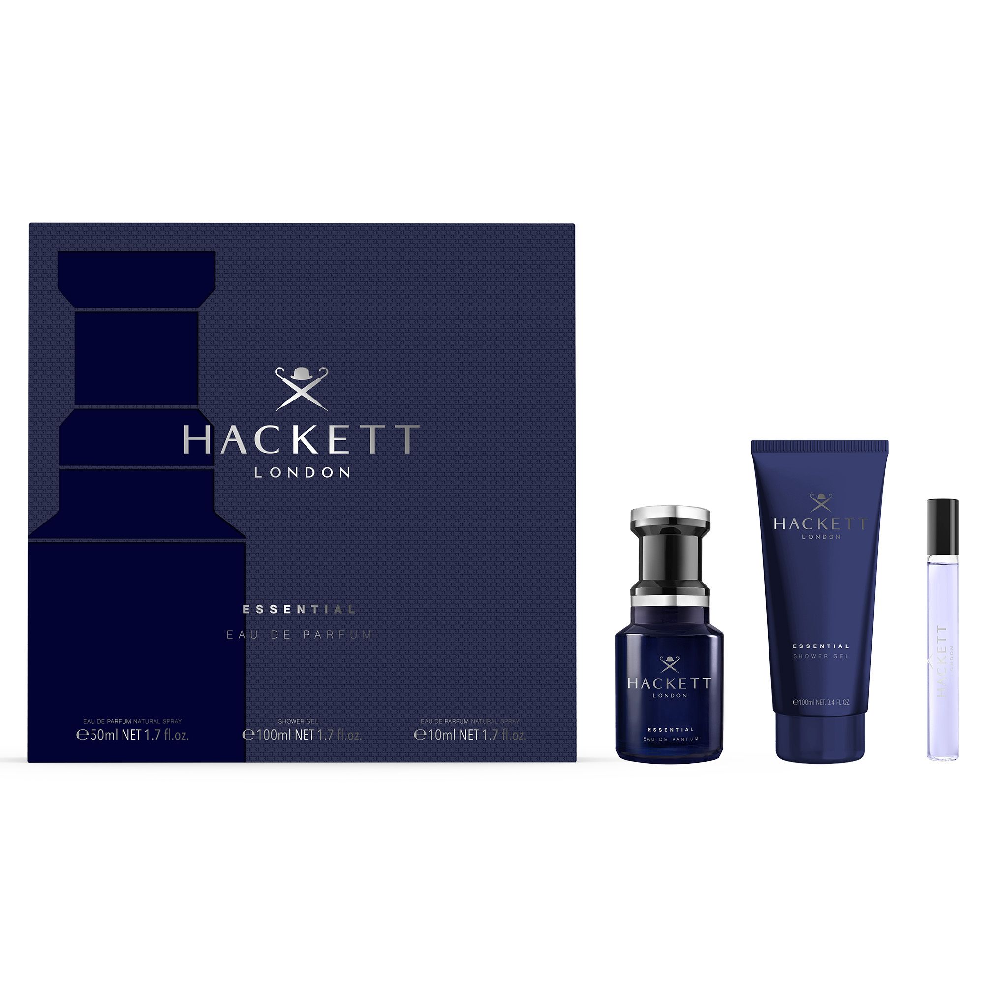 Geschenkset mit Eau de Parfum, Duschgel und Travel Spray. Marineblaue Verpackung mit Hackett-Logo und Produktnamen.