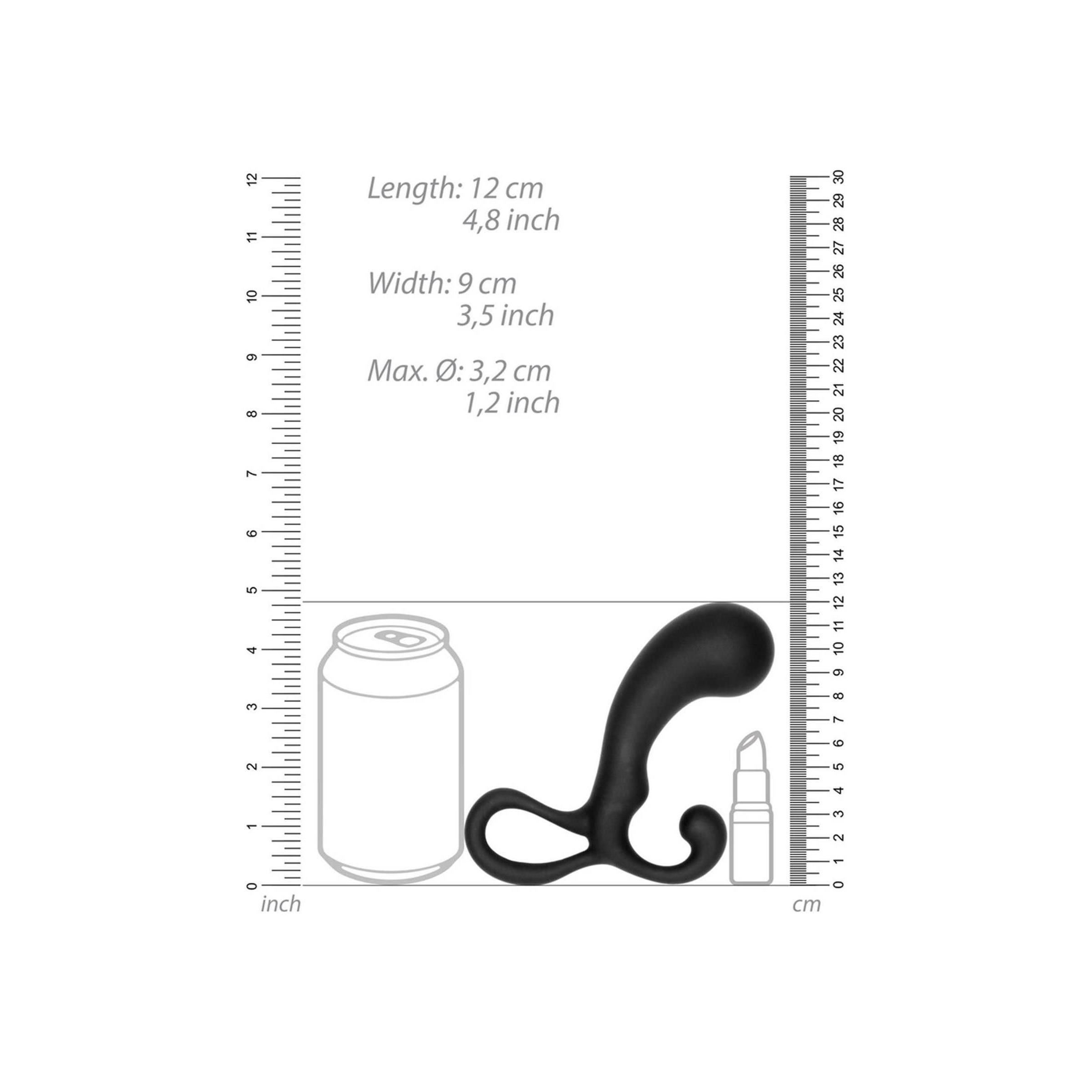 Schwarzer Stimulator mit Maßstab, Dose und Lippenstift. Maße: 12 cm lang, 9 cm breit, max. Ø 3,2 cm.