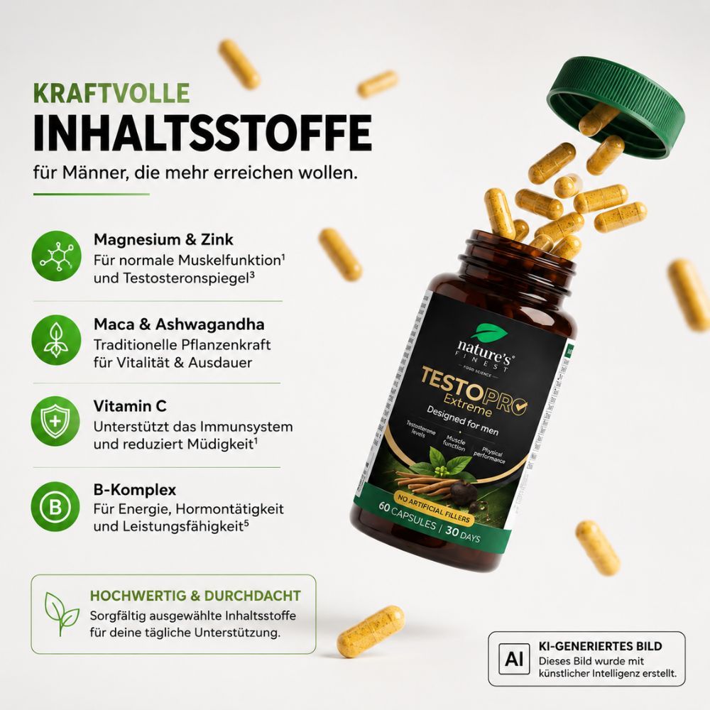 Braune Flasche mit Kapseln, beschriftet mit 'TestoPro Extreme'. Magnesium & Zink, Maca & Ashwagandha, Vitamin C, B-Komplex aufgeführt.