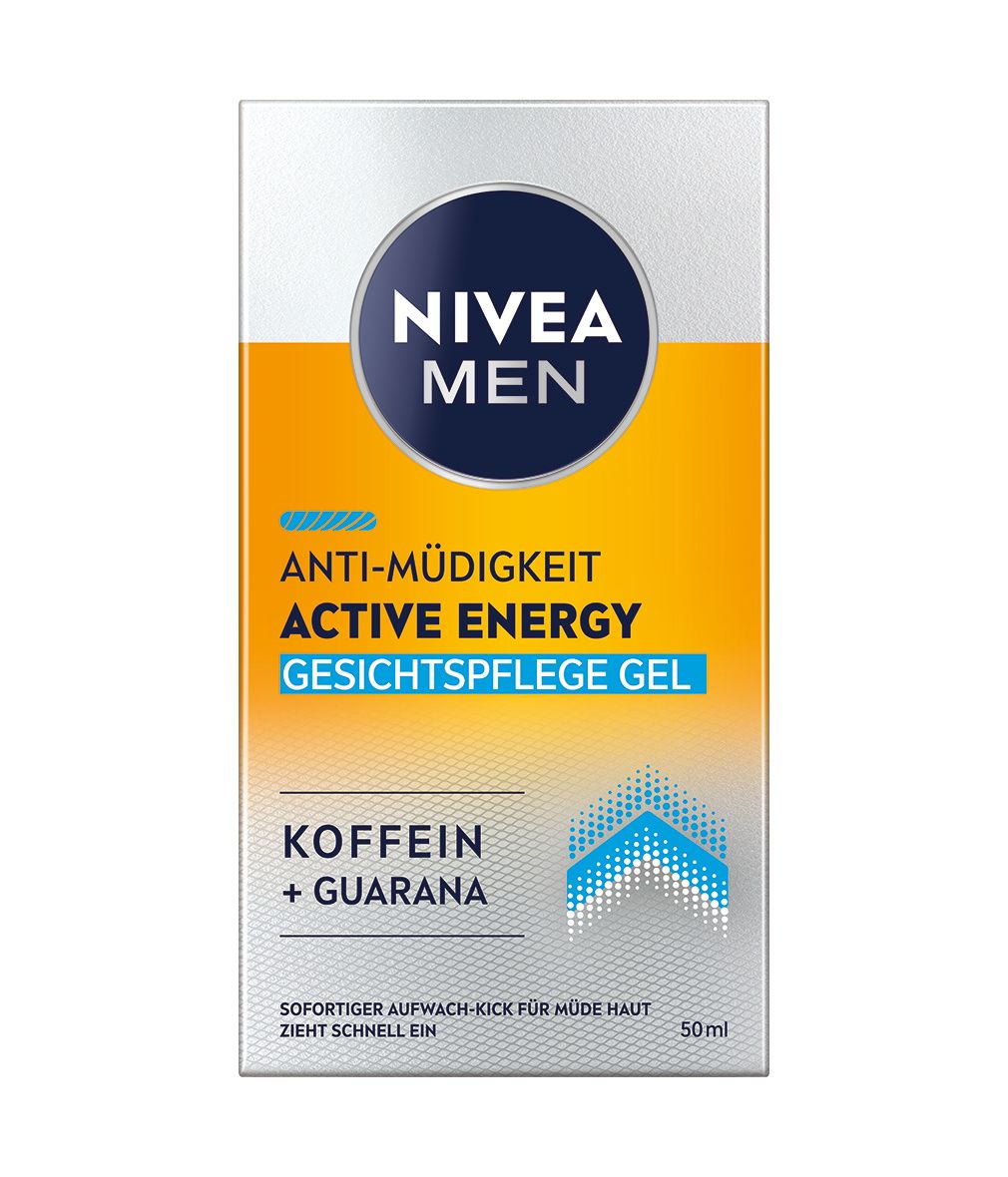 NIVEA MEN Active Energy Gesichtspflege Gel-Verpackung. Aufschrift: Anti-Müdigkeit, Koffein + Guarana. 50ml.
