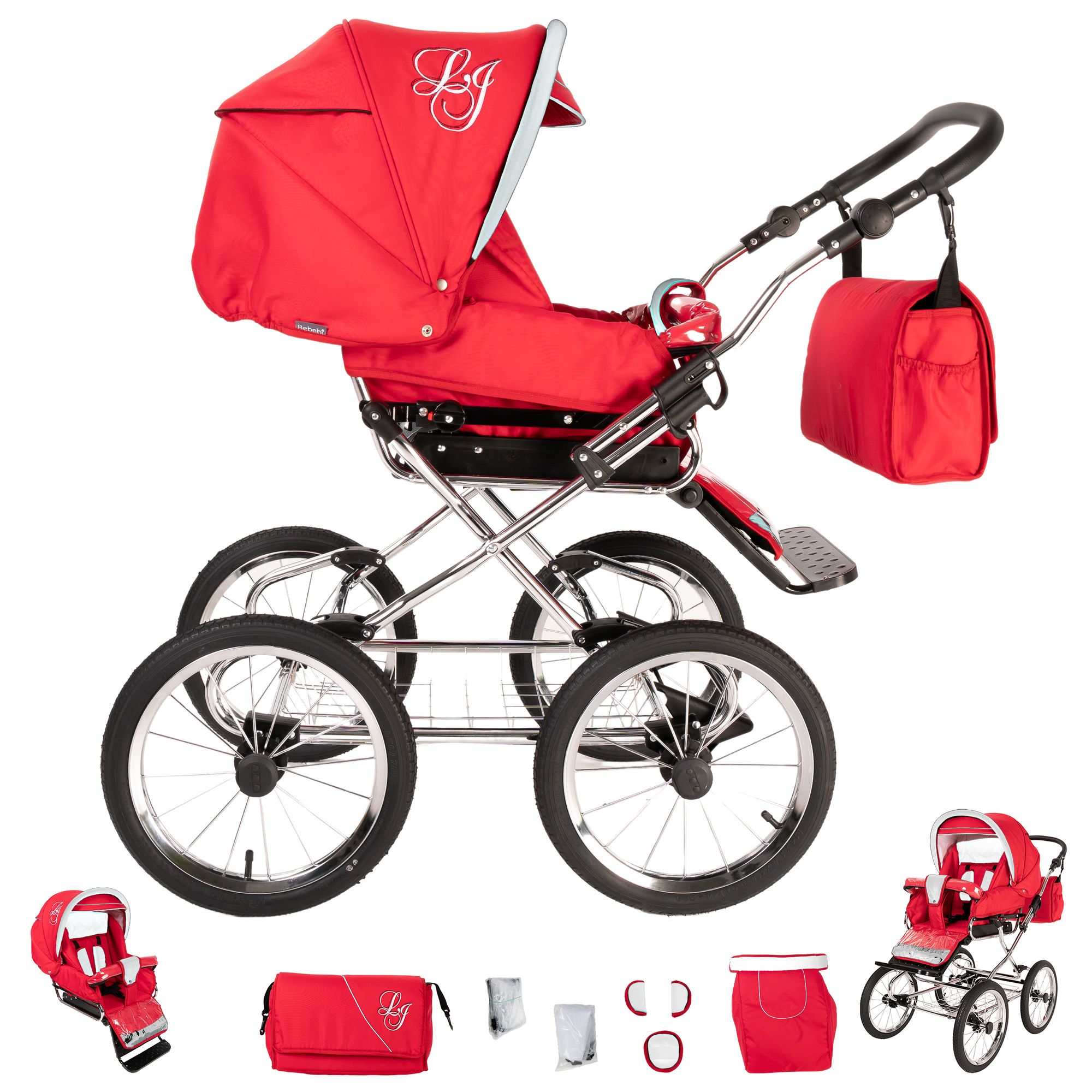 Bebebi Loving 4 in 1 Kinderwagen Komplettset ISOFIX Basis Nostalgie Kinderwagen, Red Ardent