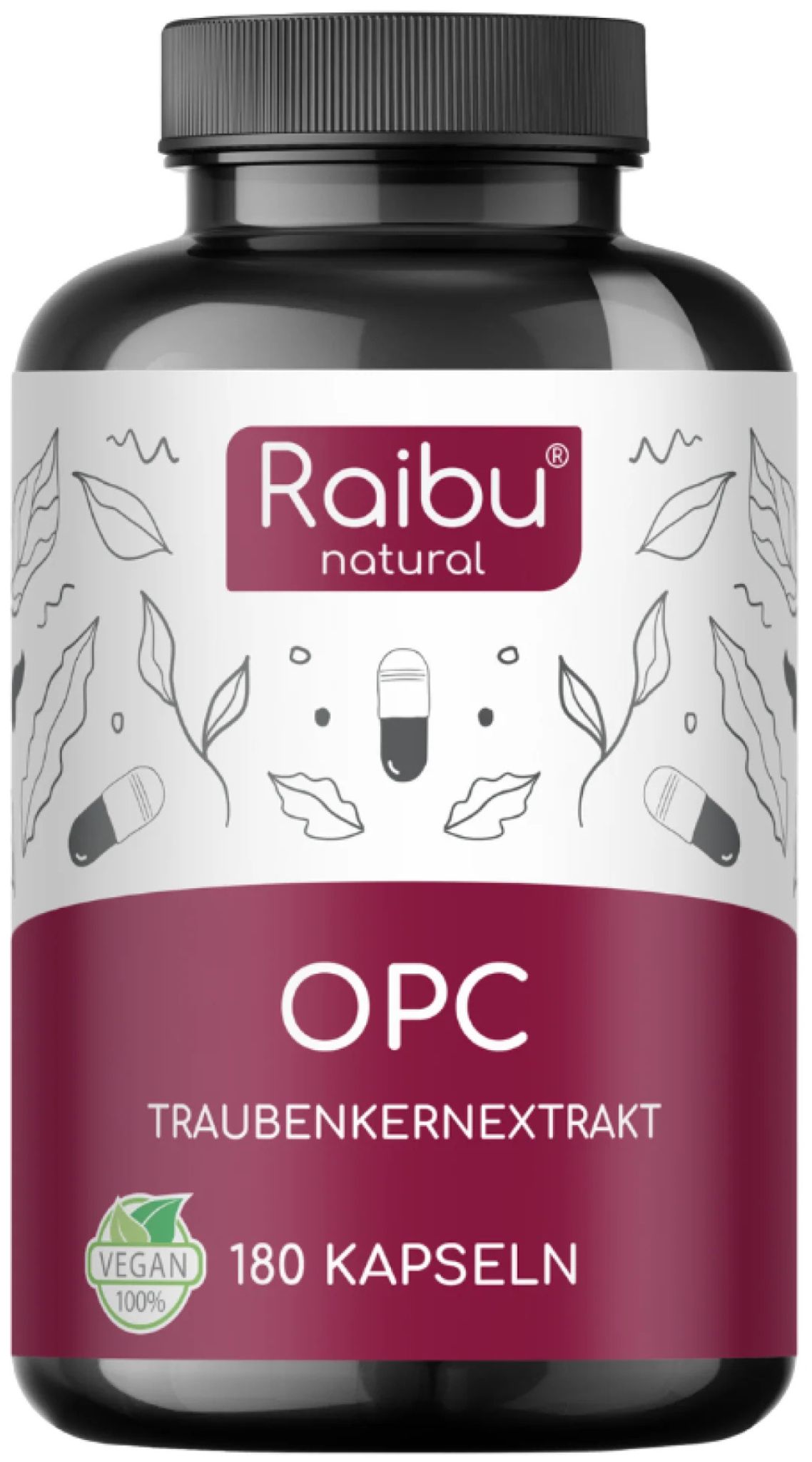 Braune Flasche mit weißen Etikett. Aufschrift: Raibu natural OPC Traubenkernextrakt. 180 Kapseln. Vegan.