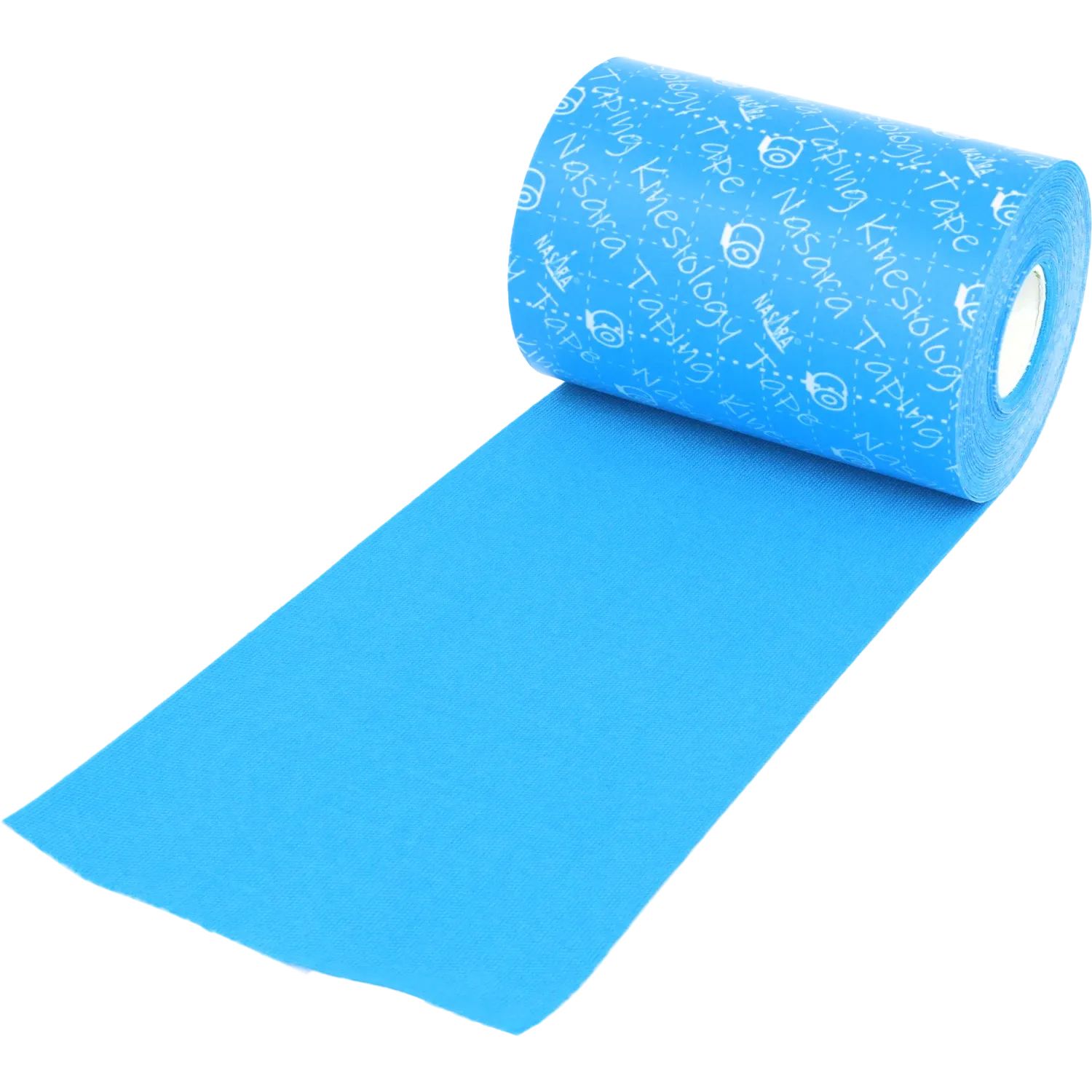 Blaues Kinesiologie-Tape, teilweise abgerollt. Aufdruck: Nasara Taping Kinesiology Tape. Rolle mit sichtbarer Klebefläche.