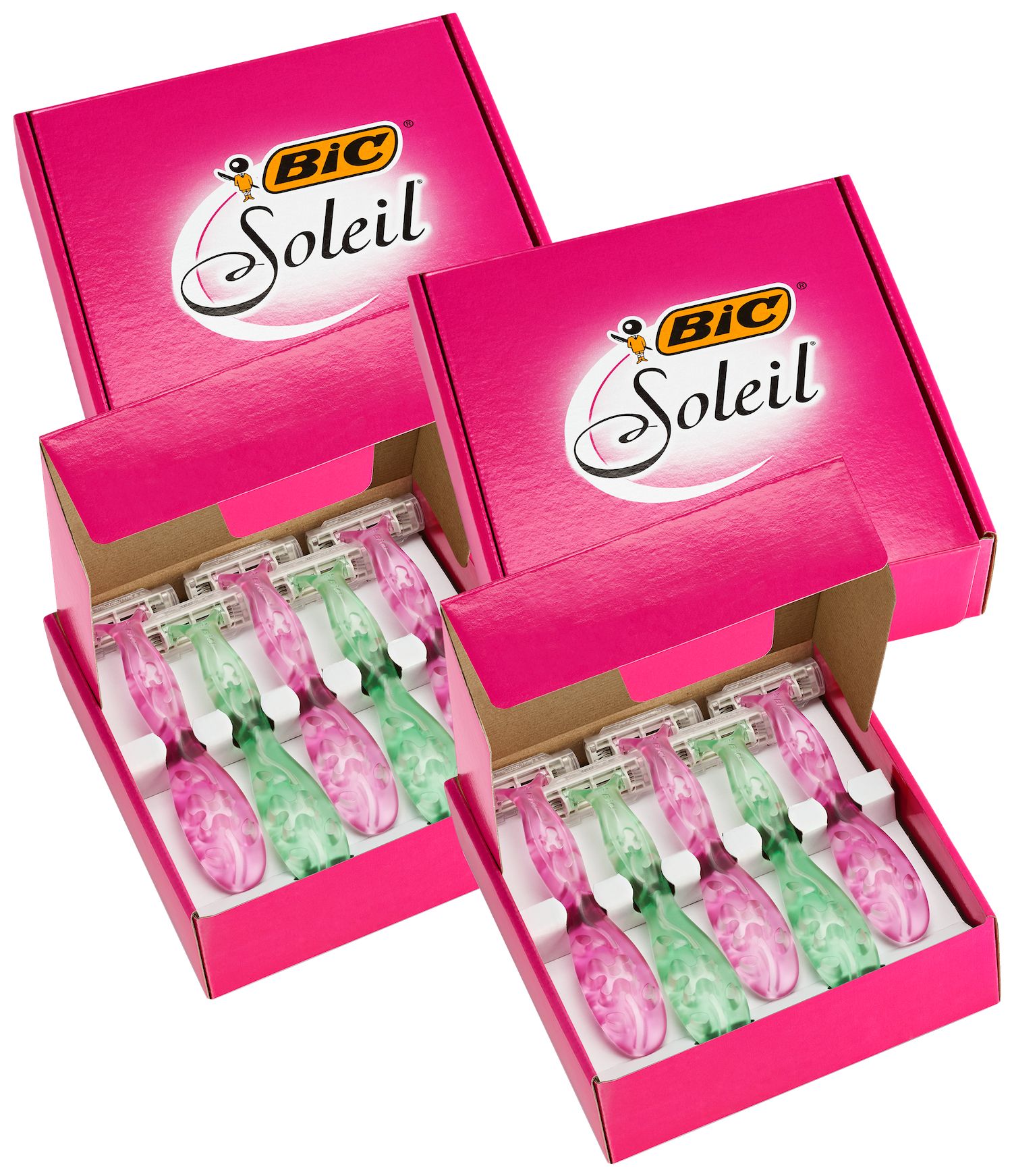 Mehrere Packungen Rasierer. Pinke Kartons mit BIC Soleil Logo. Geöffnete Kartons zeigen Rasierer mit pinken und grünen Griffen.